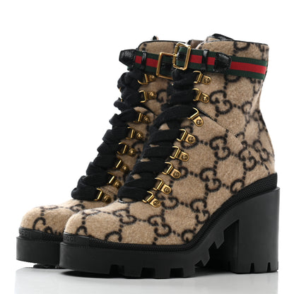Gucci Covered Wool GG Monogram Womens Lace Up Combat Ankle Boots 38 Beige Ebony Black 3 of 7