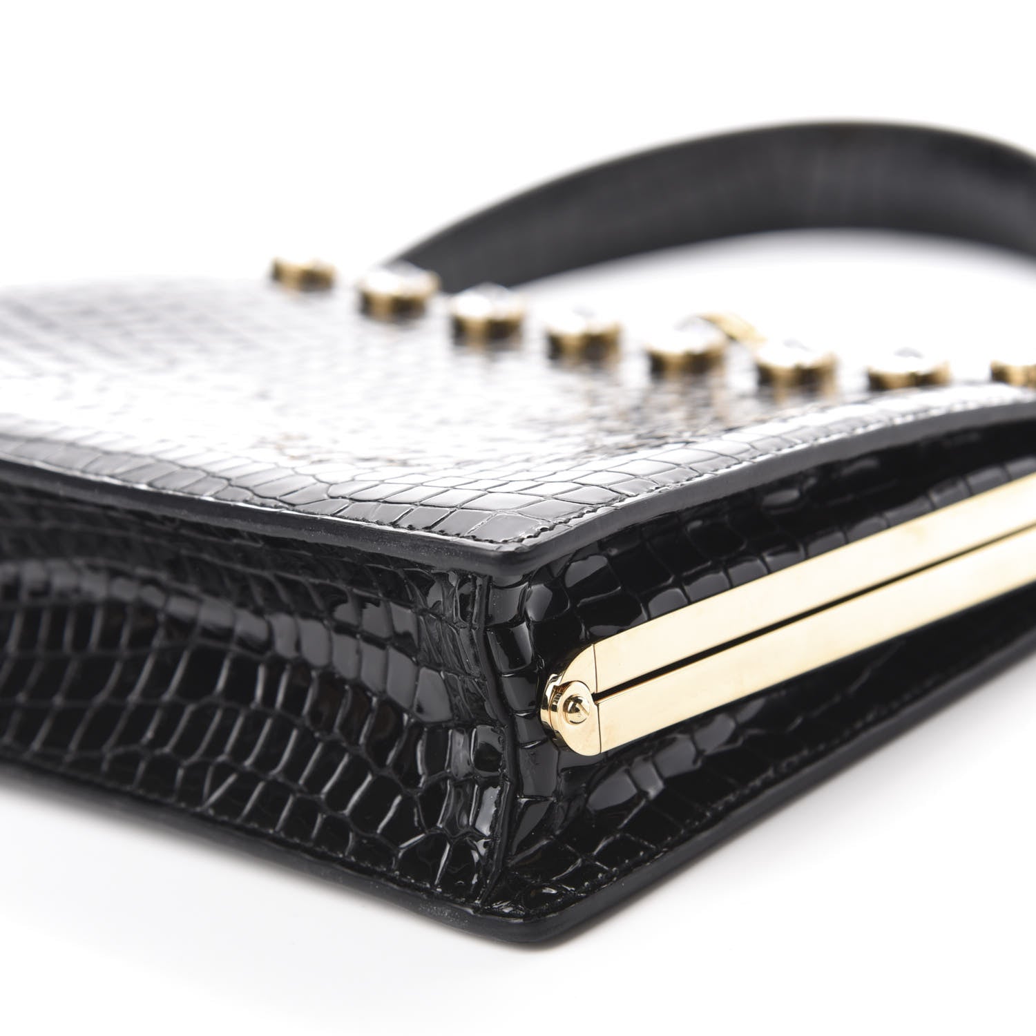 Miu Miu Calfskin Crocodile Embossed Crystal Embellished Solitaire Bag Black 7 of 11