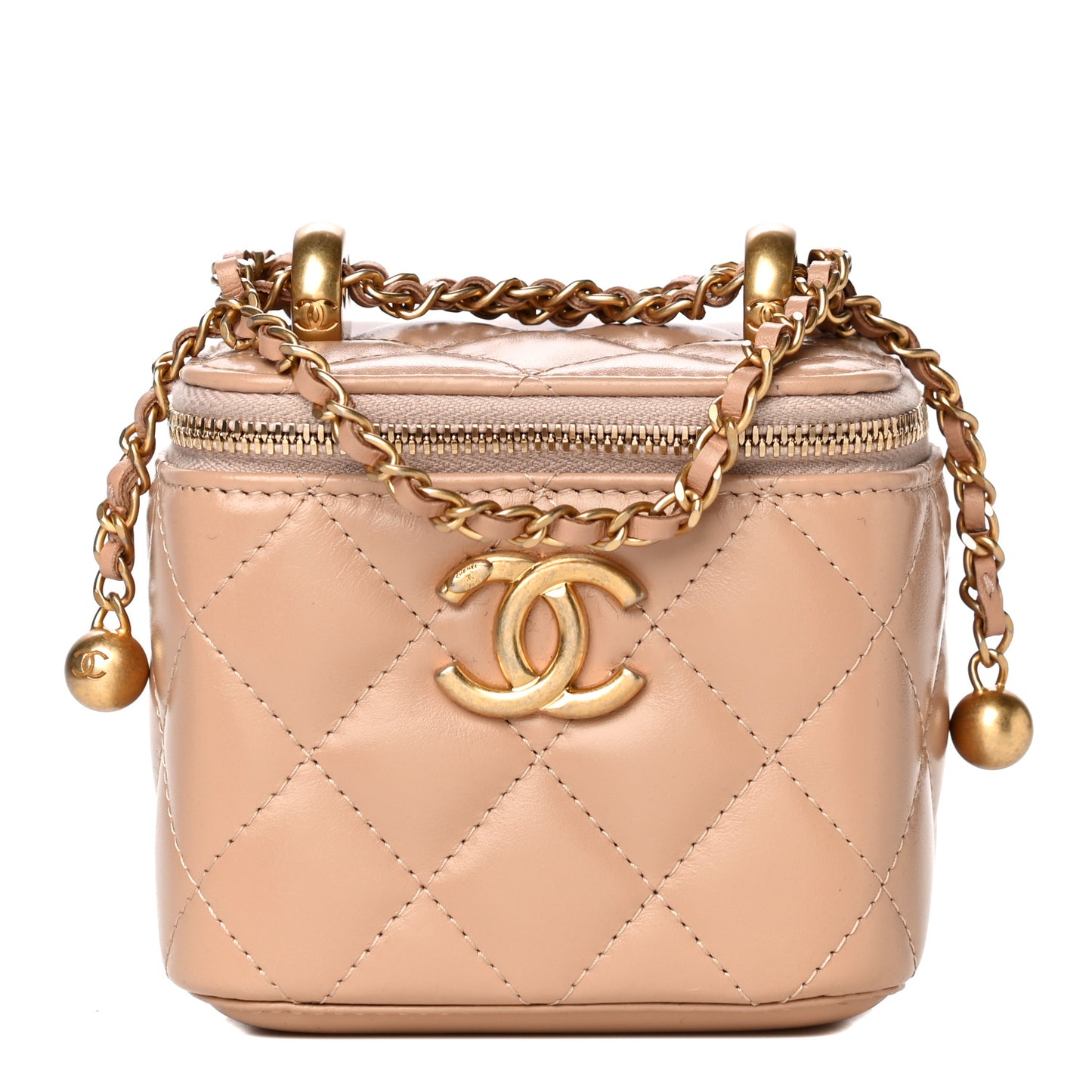 Calfskin Quilted Mini Perfect Fit Vanity Case With Chain Beige