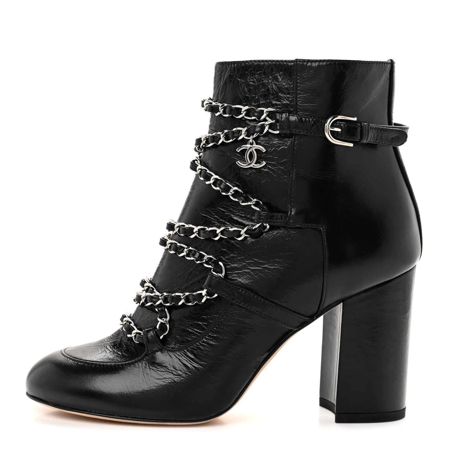 Crackled Calfskin Chain CC Short Boots 38 Black