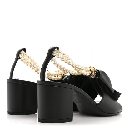 Chanel Lambskin Pearl Bow CC Ankle Strap Sandals 37 Black 5 of 10