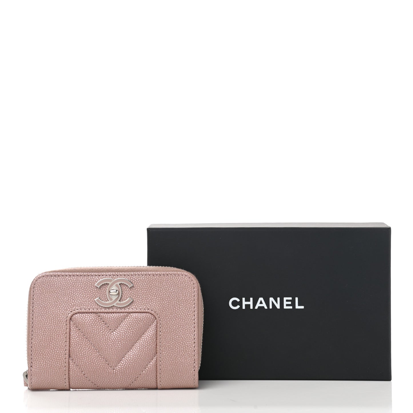 Metallic Caviar Chevron Quilted Vintage Mademoiselle Zip Coin Purse Pink