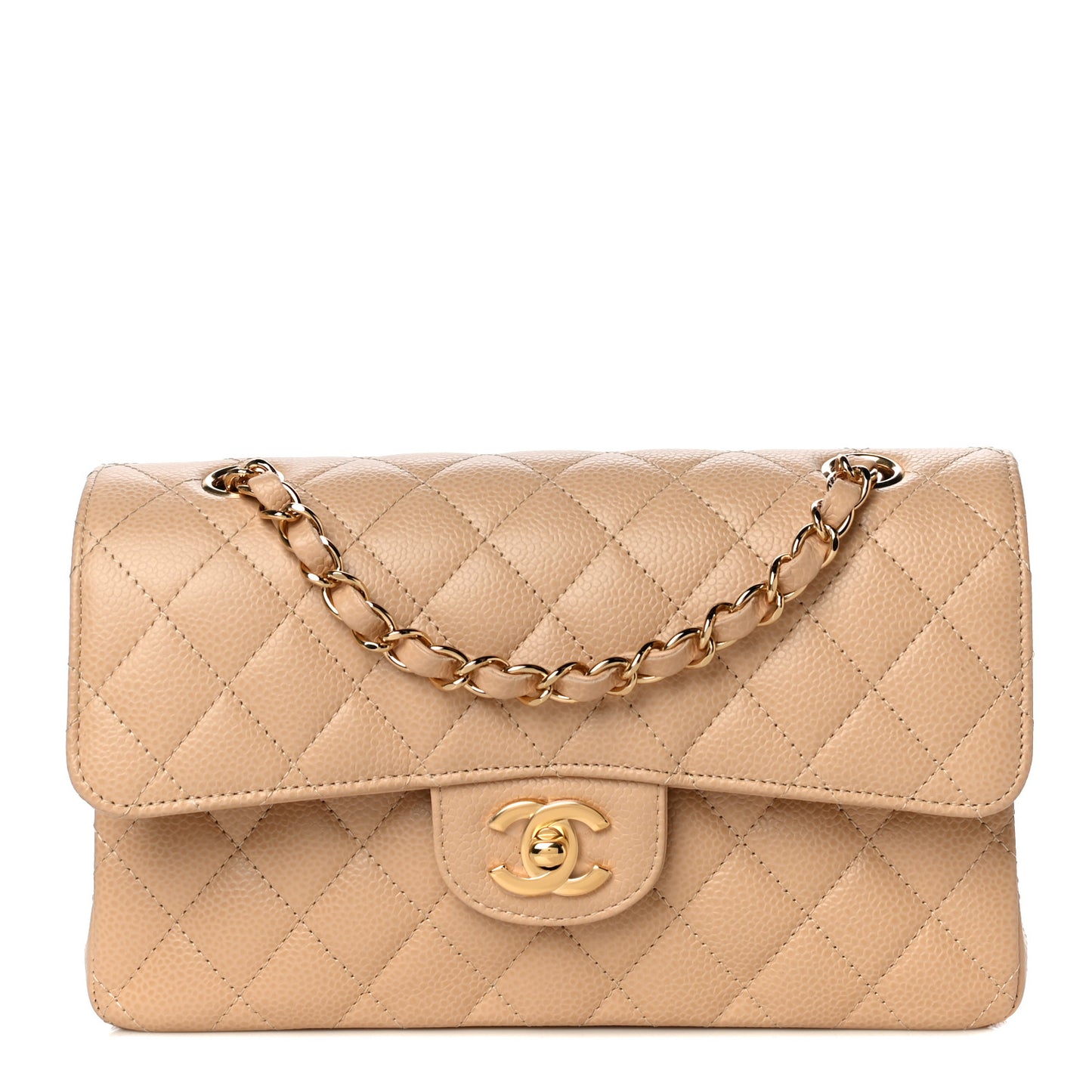 Caviar Quilted Small Double Flap Beige