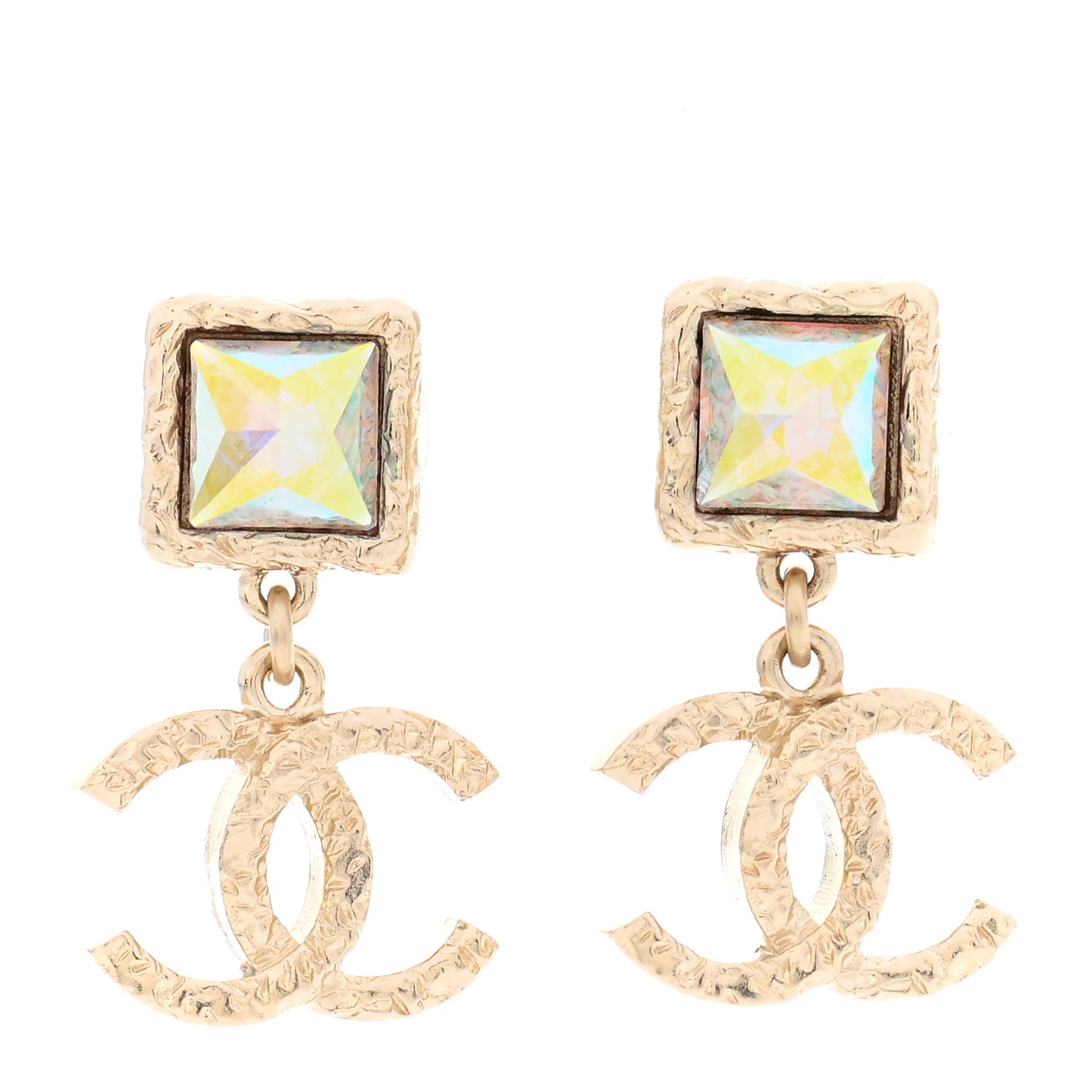 Iridescent Baguette Crystal CC Drop Earrings Gold