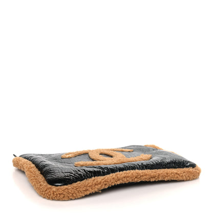 Chanel Shiny Crumpled Sheepskin Shearling CC Mania Zip Pouch Black Beige 4 of 9
