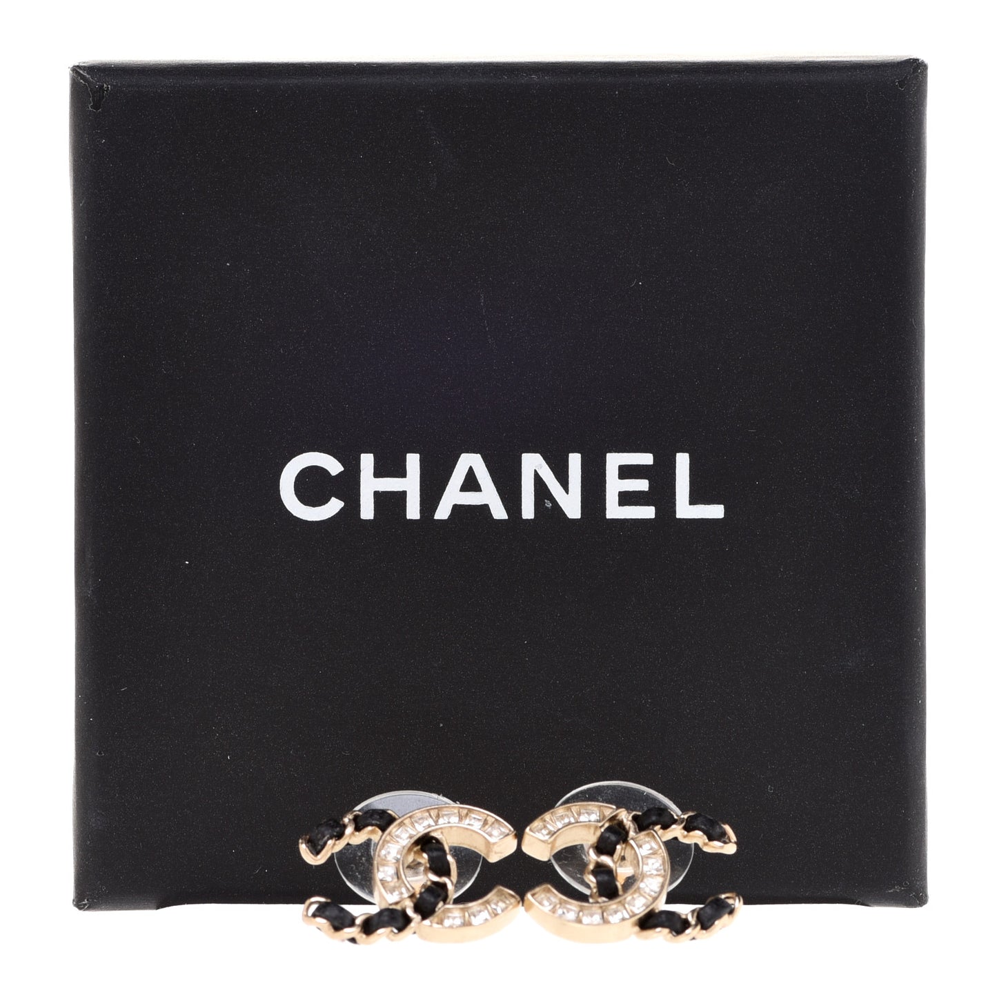 Crystal Baguette Lambskin Chain CC Vintage Allure Stud Earrings Black Gold