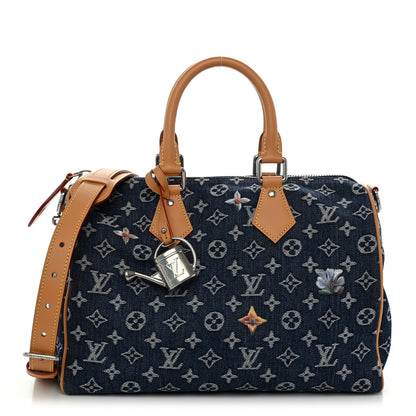 Louis Vuitton Monogram Heritage Denim Flowers Speedy Soft 30 Blue 1 of 9