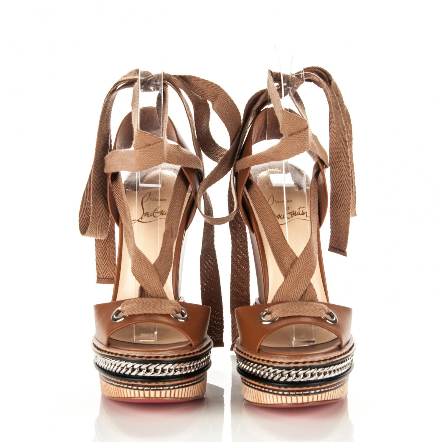Christian Louboutin Shiny Calfskin Tribuli 140 Wedge Sandals 34 Fauve 2 of 6