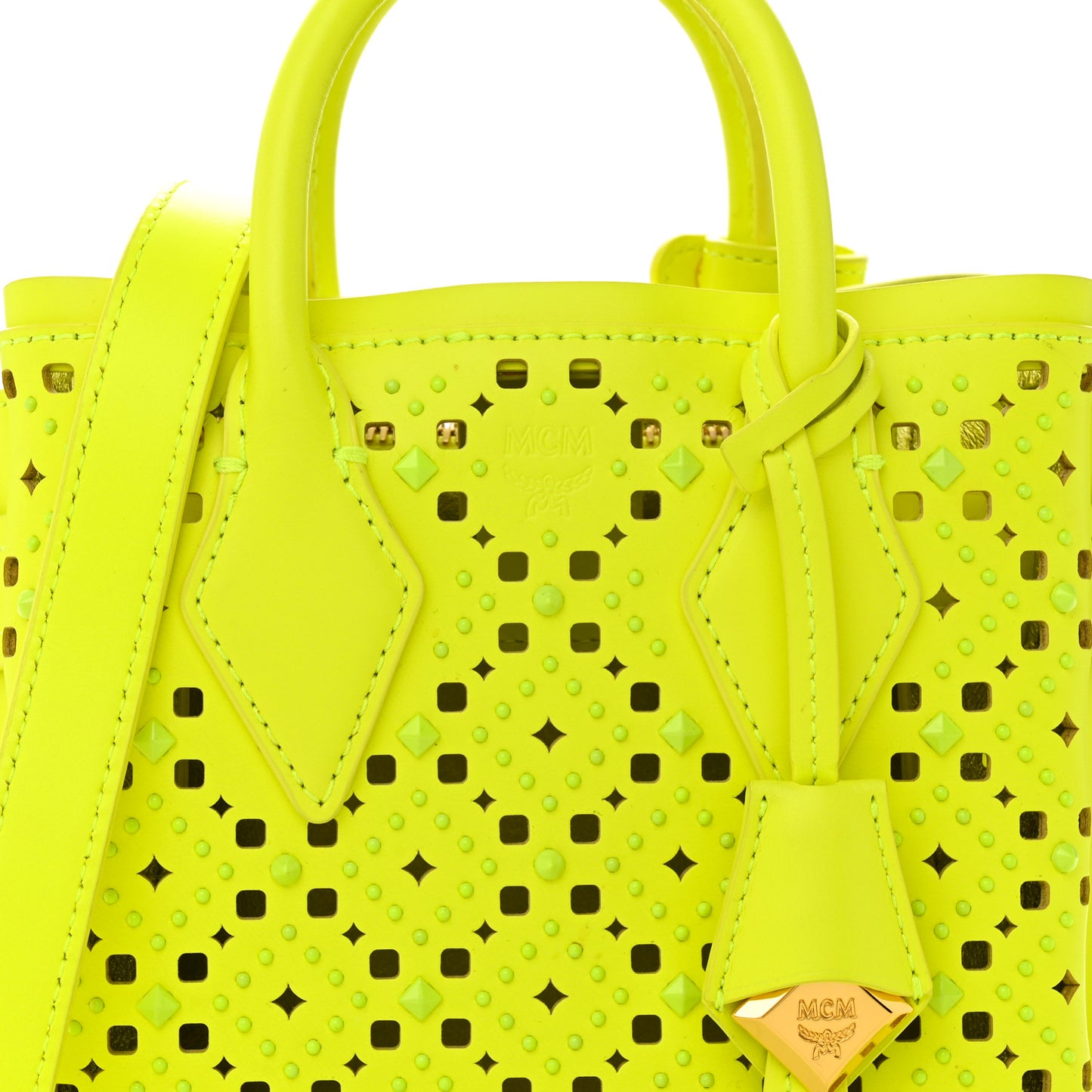 Perforated Calfskin Studded Mini Milla Tote Neon Yellow