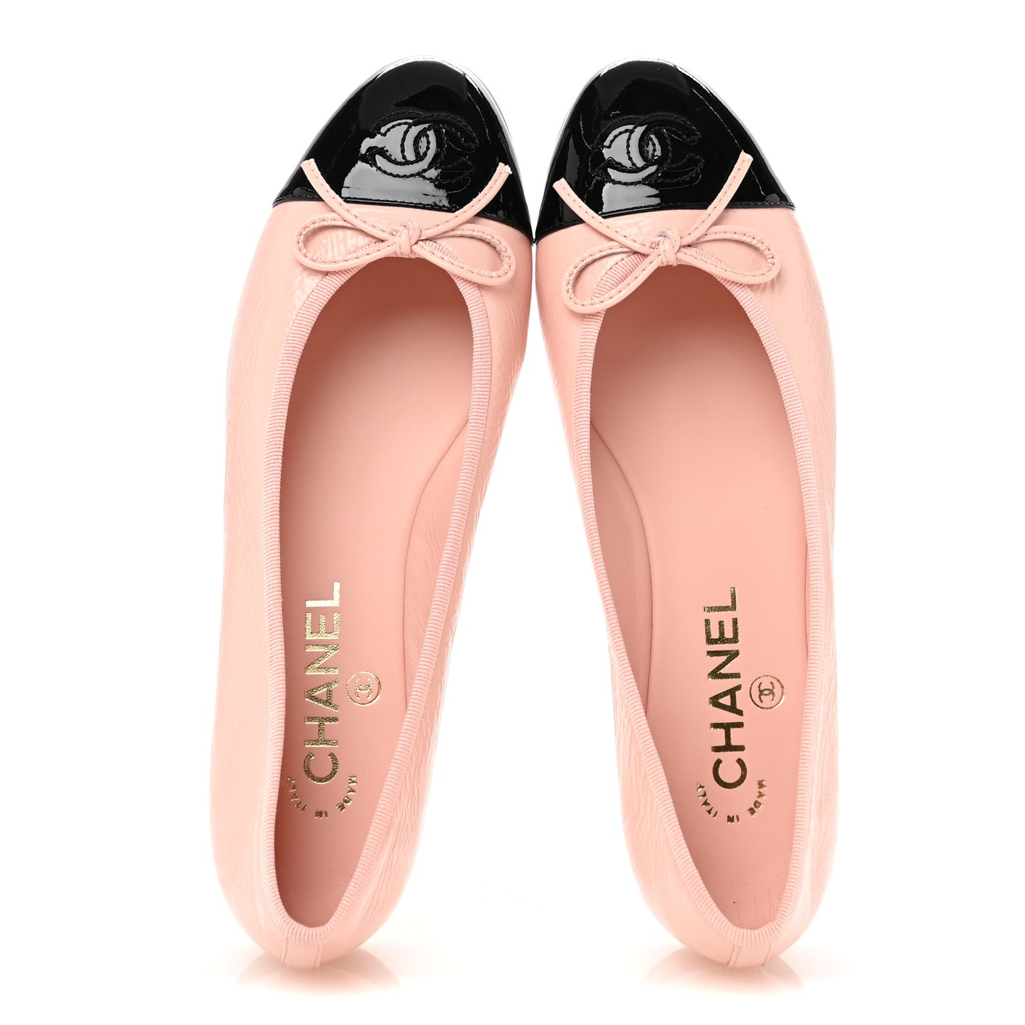 Shiny Crumpled Calfskin Patent CC Cap Toe Ballerina Flats  38 Light Pink Black