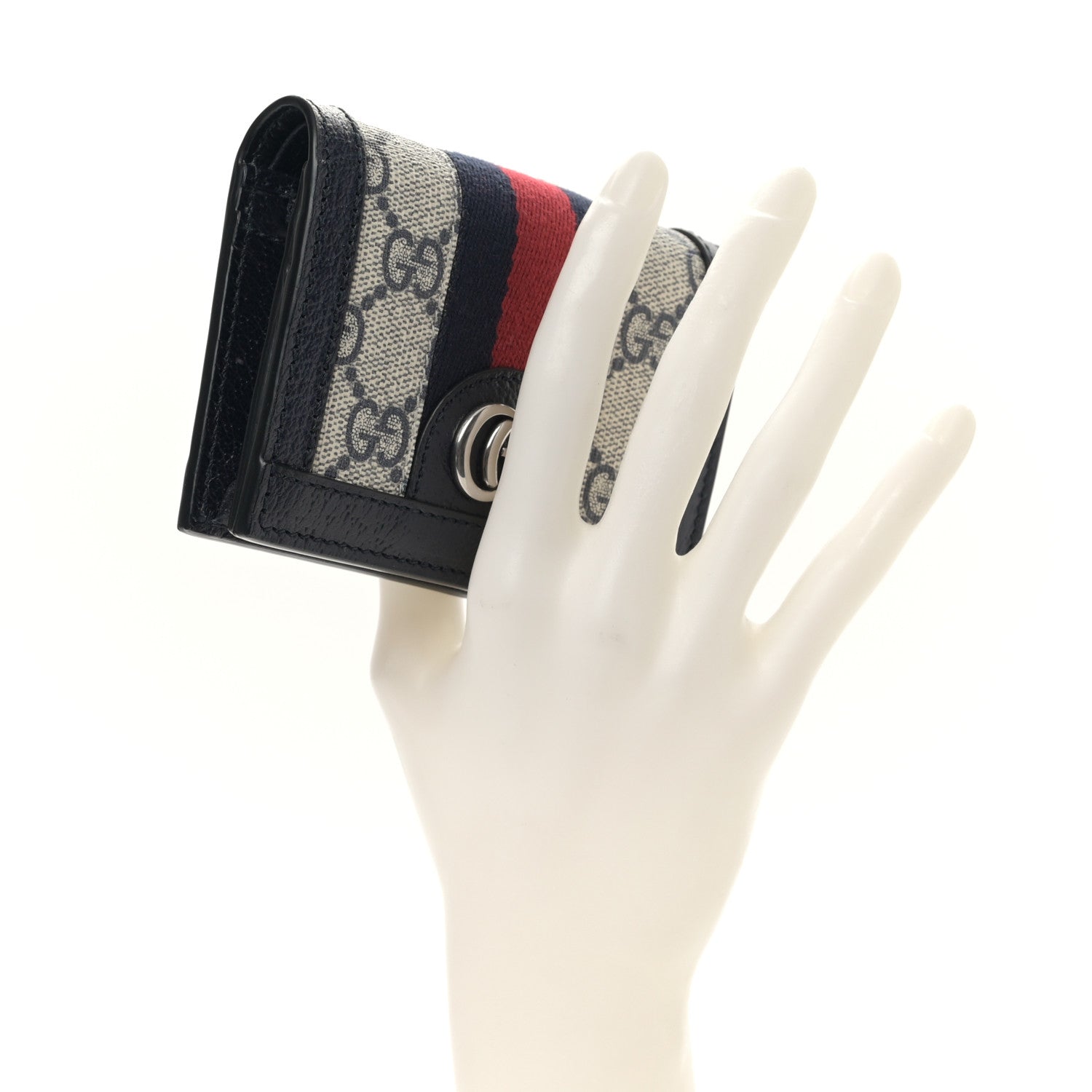 Gucci GG Supreme Monogram Textured Dollar Calfskin Web Ophidia Card Case Beige Blue 2 of 10