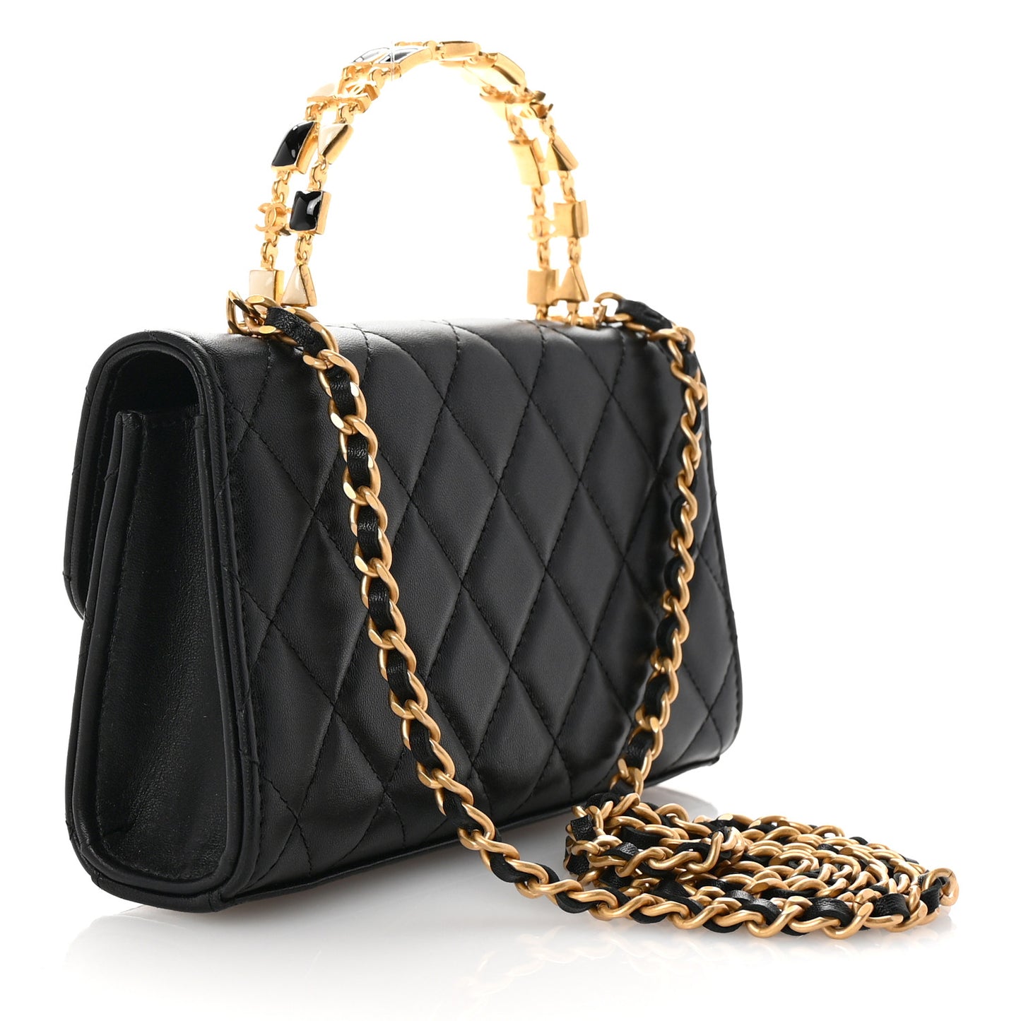 Lambskin Enamel Quilted Top Handle Flap Phone Holder With Chain Black