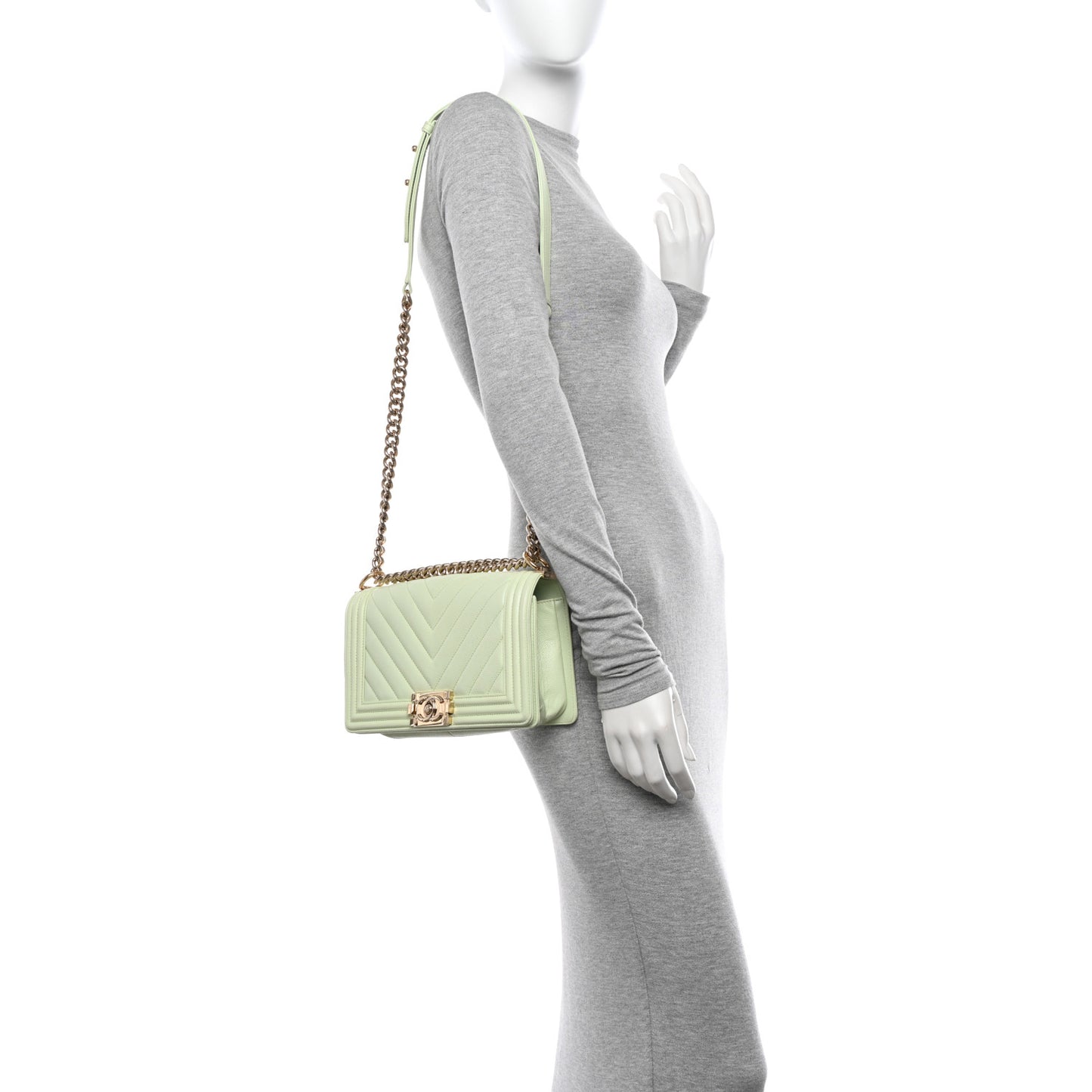 Caviar Chevron Quilted Medium Boy Flap Light Green