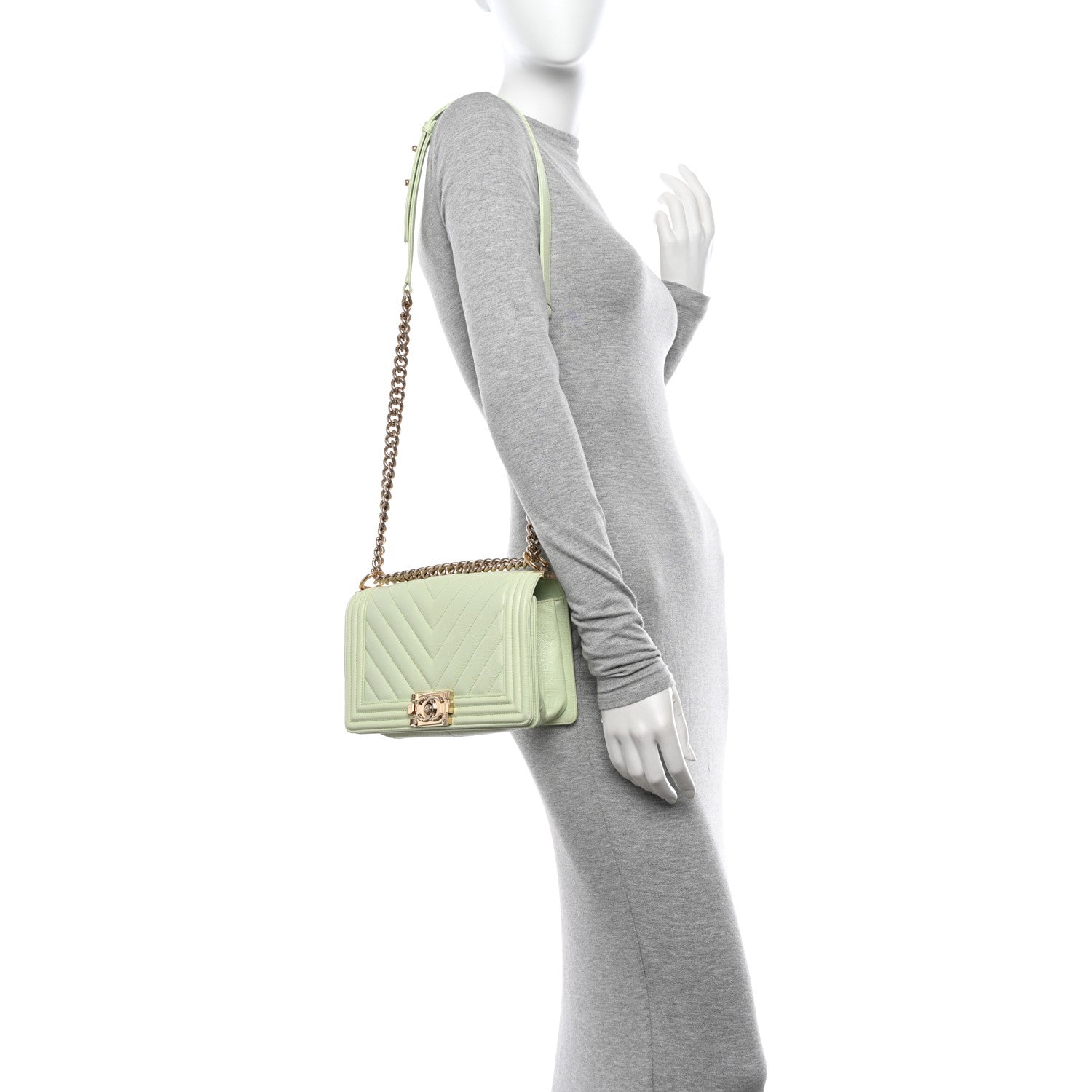 Chanel Caviar Chevron Quilted Medium Boy Flap Light Green 2 of 10
