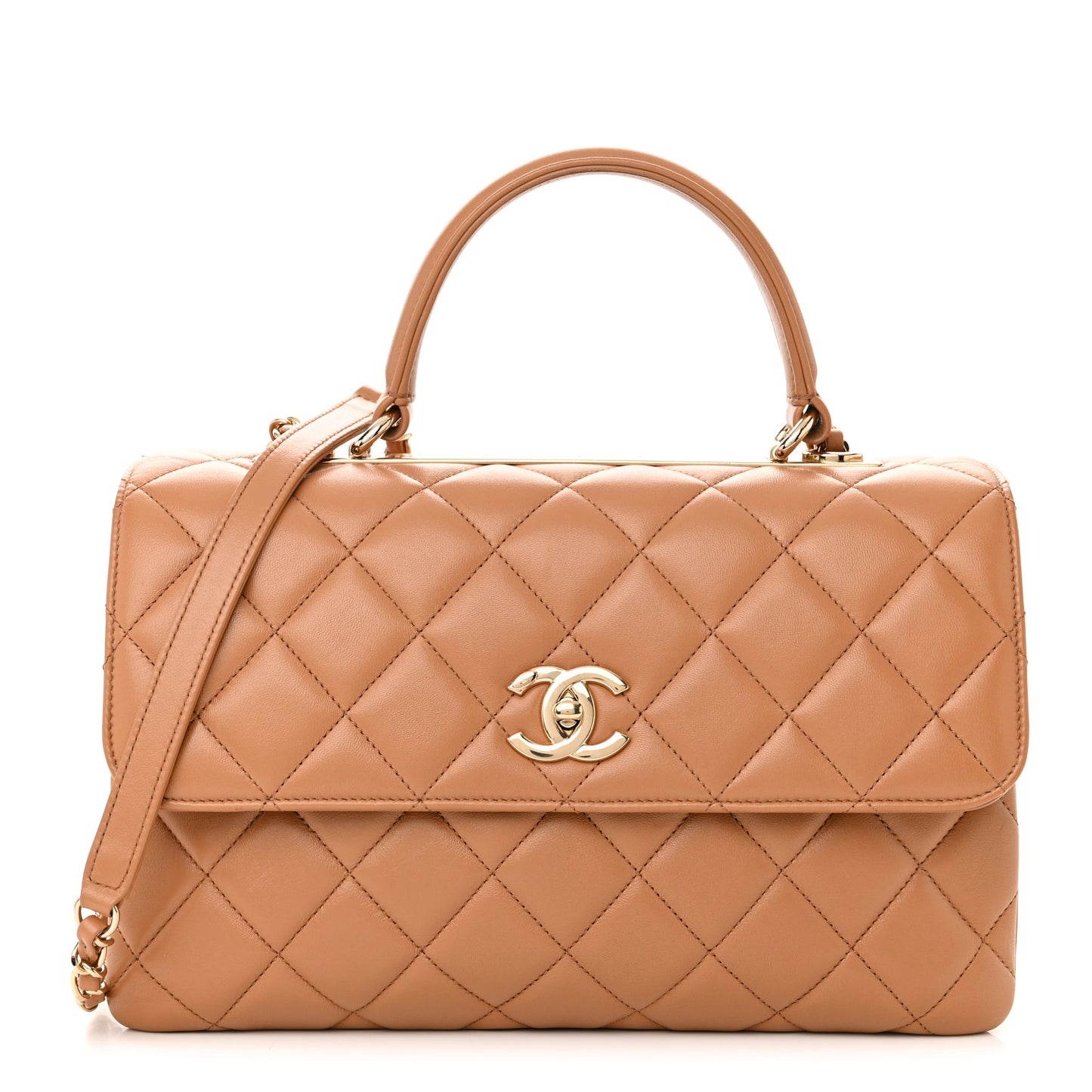 Lambskin Quilted Medium Trendy CC Flap Dual Handle Bag Camel
