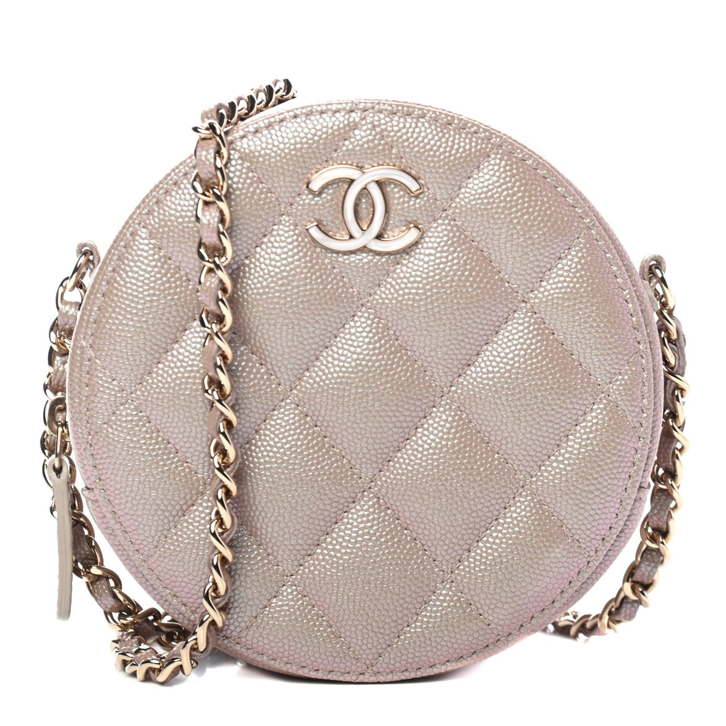 Iridescent Caviar Quilted Round Clutch With Chain Beige