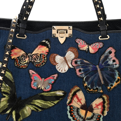 Valentino Garavani Denim Butterfly Embroidered Medium Rockstud Tote Light Denim Multicolor 8 of 10