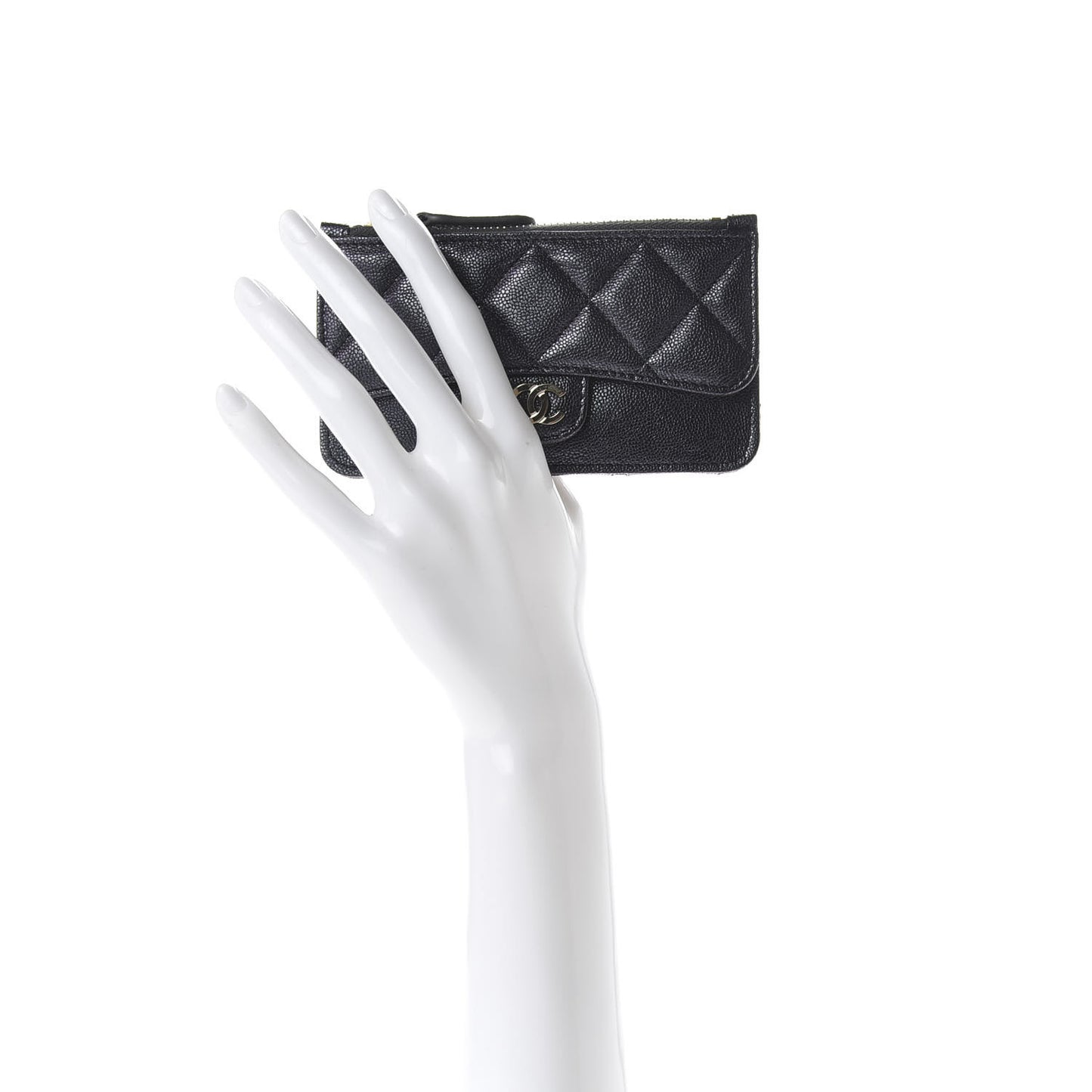Iridescent Caviar Quilted Flap Zip Card Holder Black