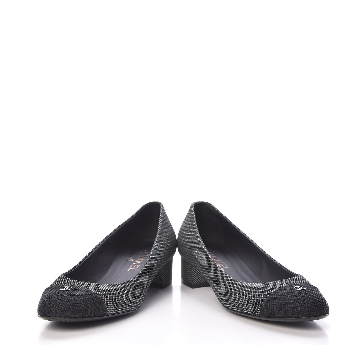 Metallic Mesh Quilted CC Cap Toe Pumps 38.5 Black Silver