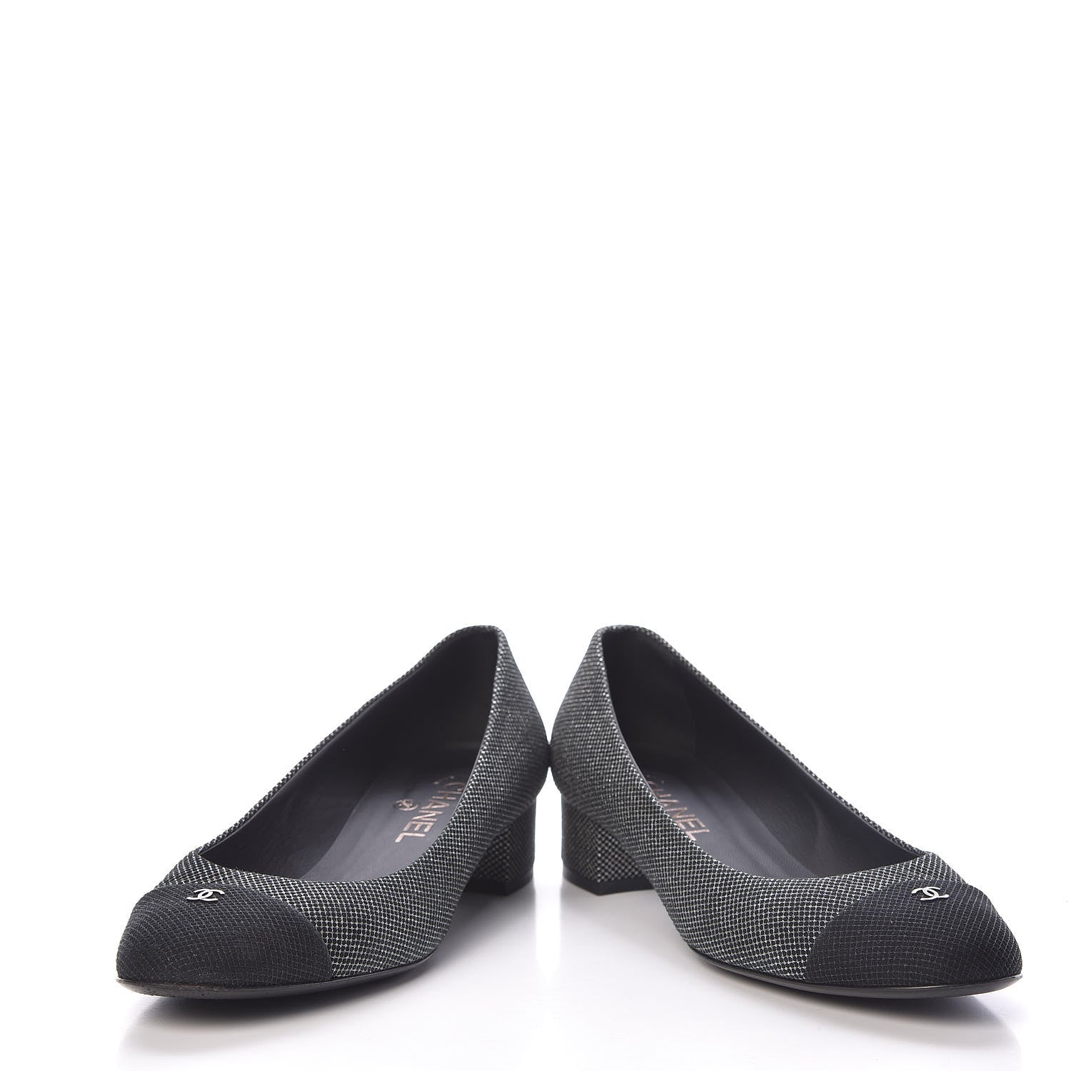 Chanel Metallic Mesh Quilted CC Cap Toe Pumps 38.5 Black Silver 6 of 12