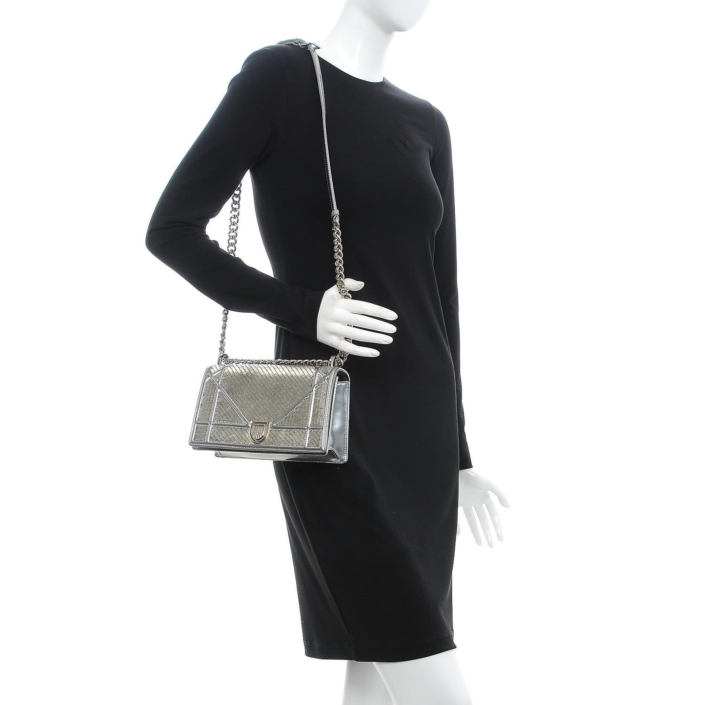 Metallic Calfskin Beaded Small Diorama Flap Bag Silver
