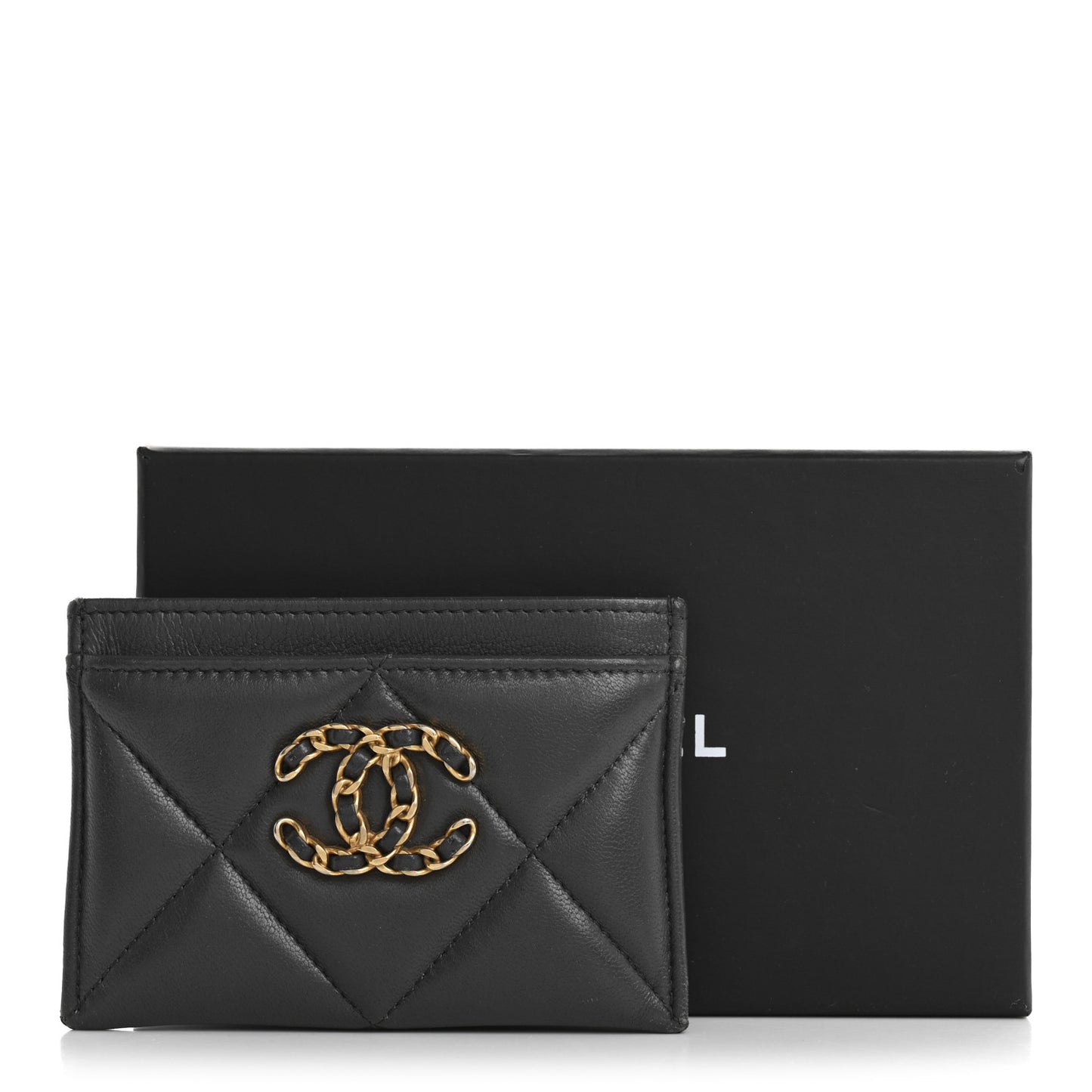 Lambskin Quilted Chanel 19 Card Holder Grey