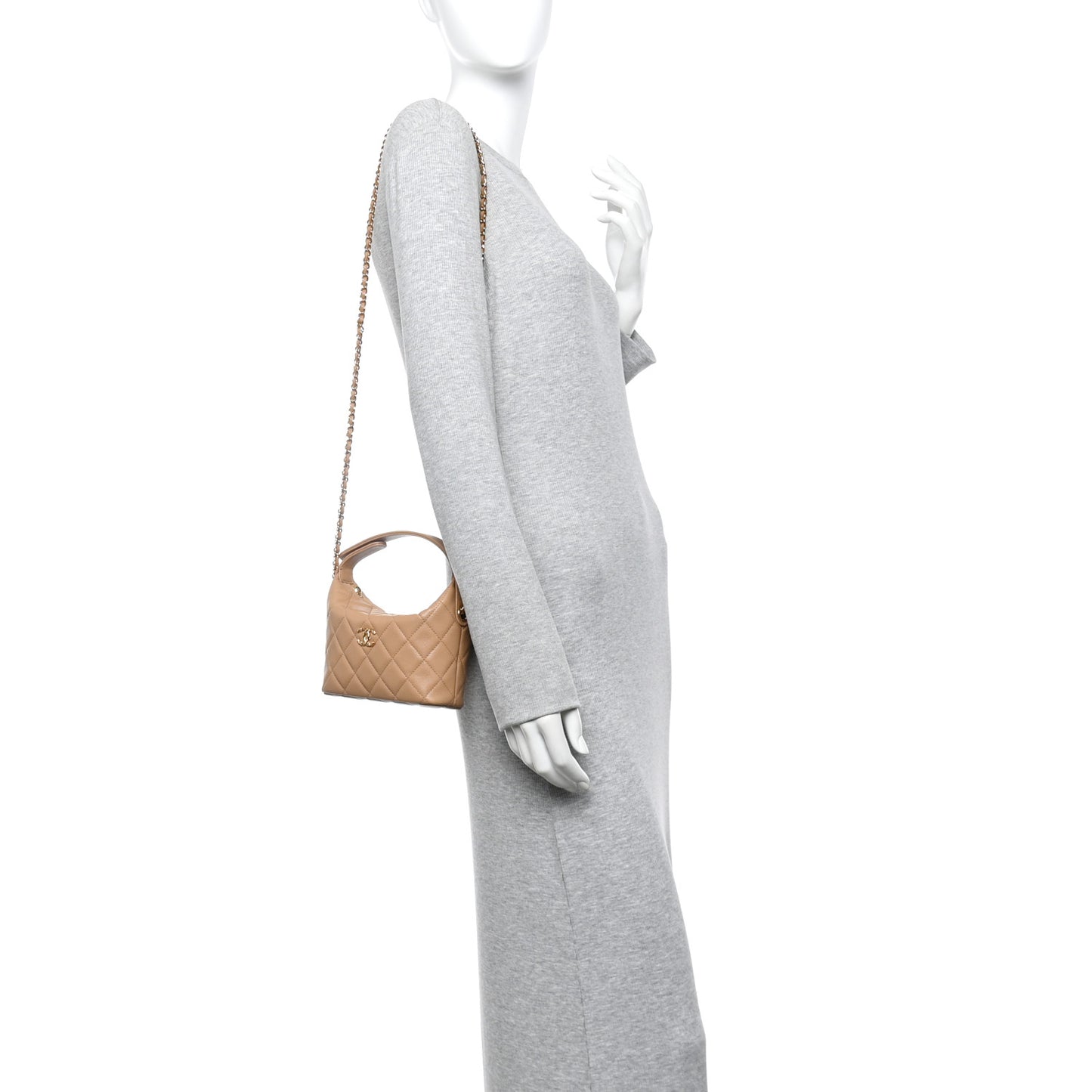 Shiny Caviar My Cush Hobo Clutch With Chain Beige Beige