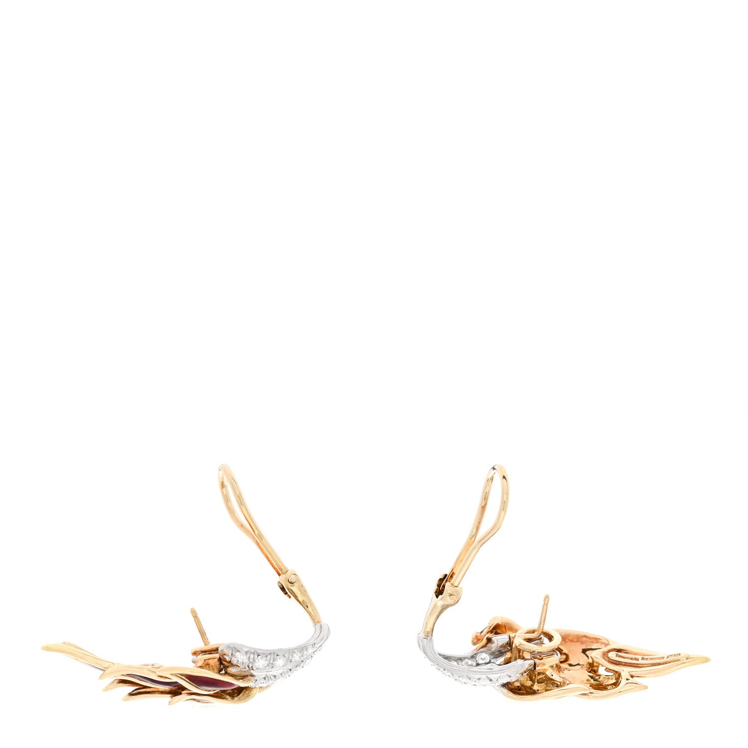Tiffany 18K Yellow Gold Platinum Enamel Diamond Schlumberger Flame Earrings Red 3 of 5