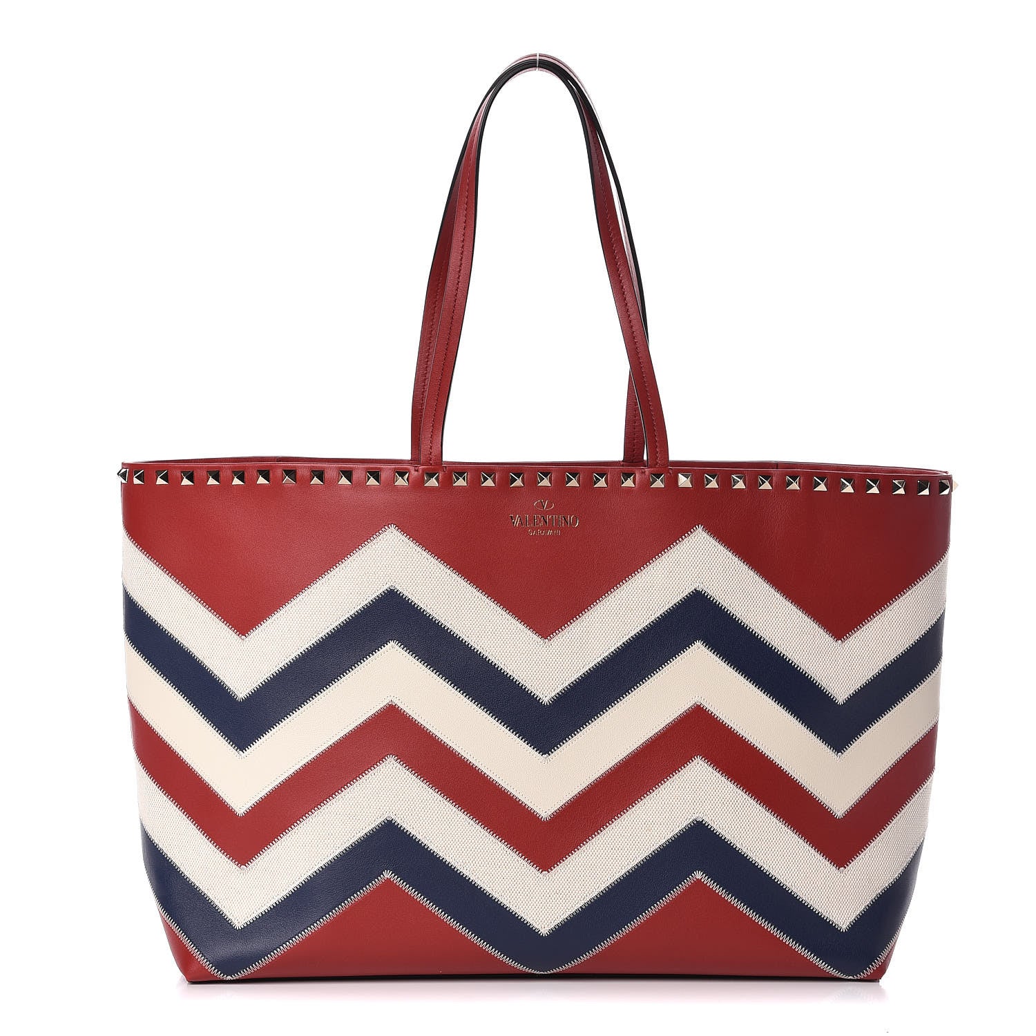 Valentino Garavani Calfskin Canvas Chevron Inlay Rockstud Shoulder Tote Red White Blue 1 of 9