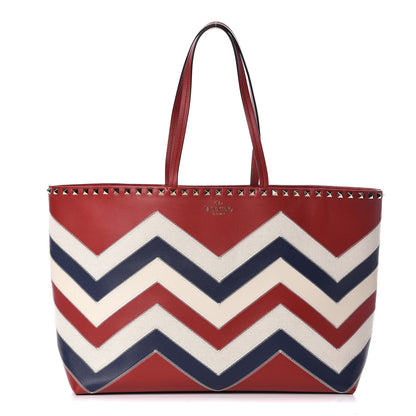 Valentino Garavani Calfskin Canvas Chevron Inlay Rockstud Shoulder Tote Red White Blue 1 of 9