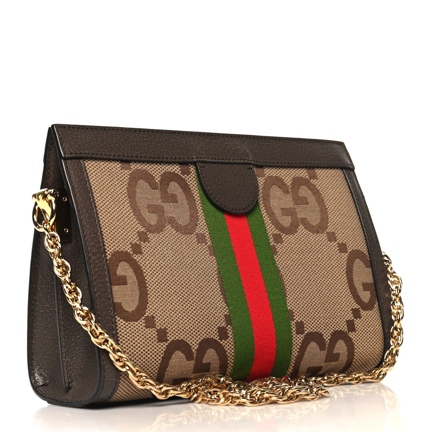 Monogram Jumbo GG Textured Dollar Calfskin Web Small Ophidia Chain Shoulder Bag Camel Ebony New Acero