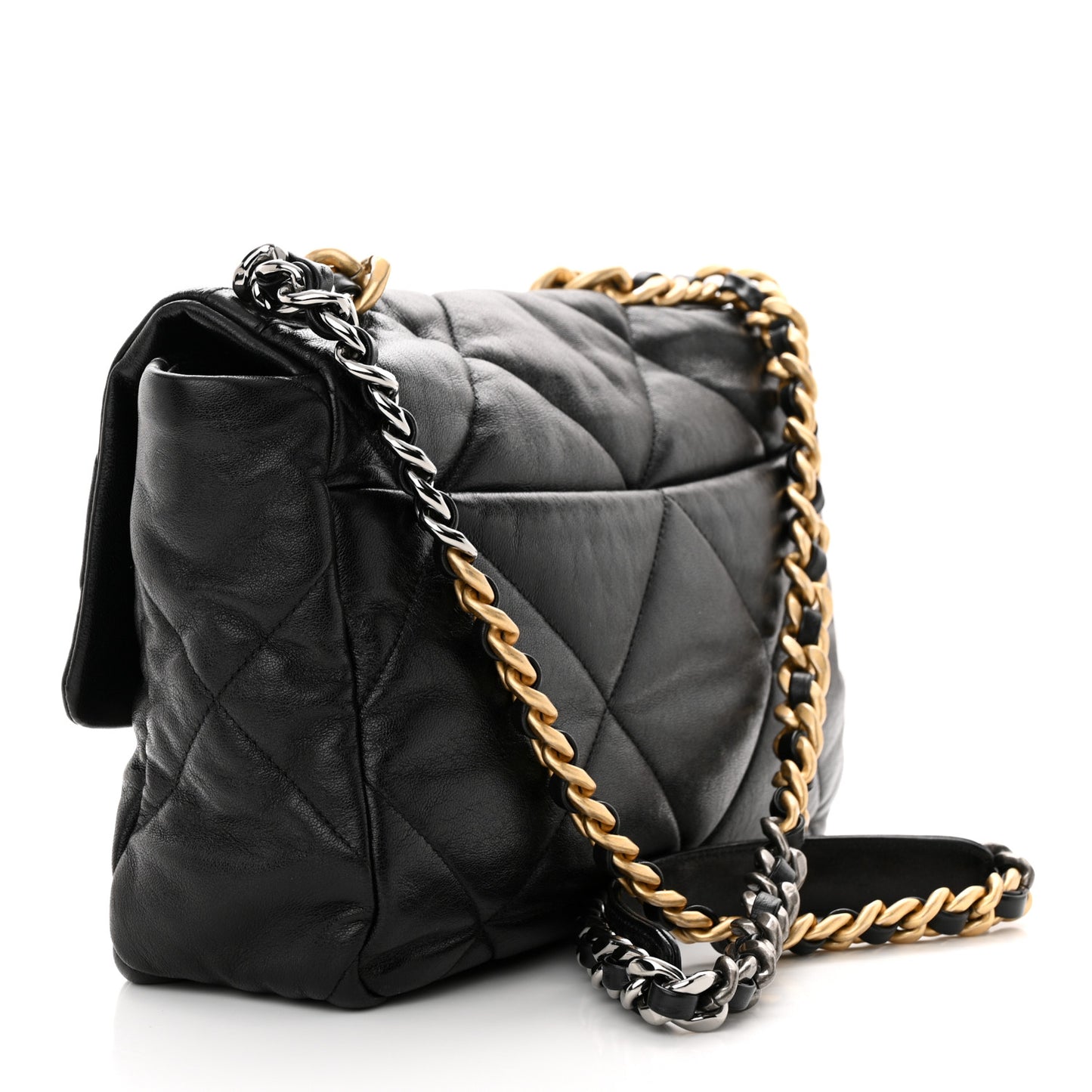 Shiny Goatskin Quilted Large Chanel 19 Flap Black
