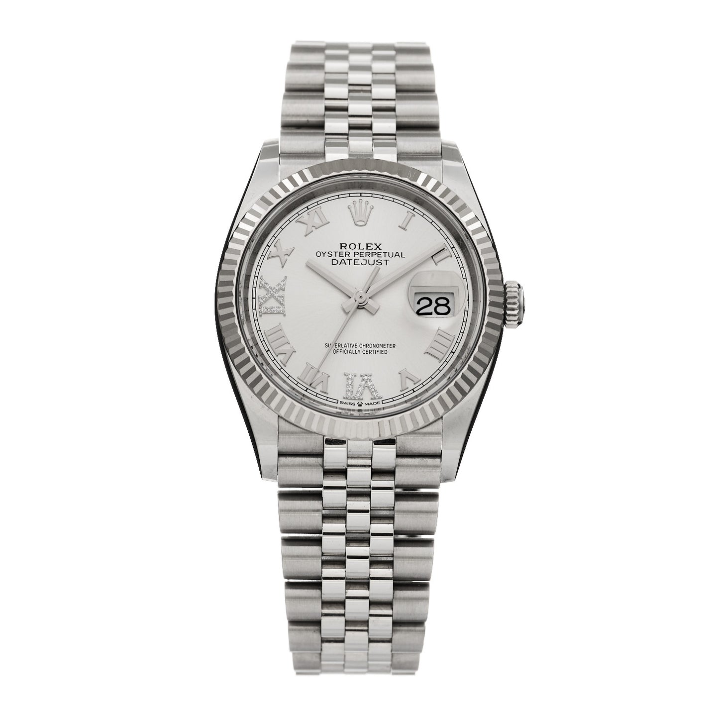Stainless Steel 18K White Gold Diamond 36mm Oyster Perpetual Datejust Watch Silver Roman 126234