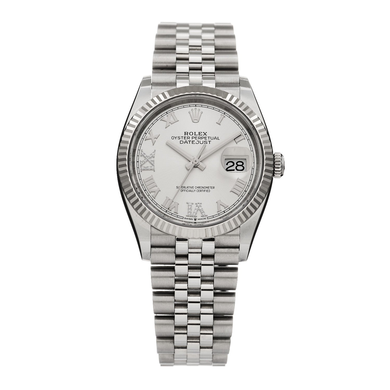 Rolex Stainless Steel 18K White Gold Diamond 36mm Oyster Perpetual Datejust Watch Silver Roman 126234 1 of 5
