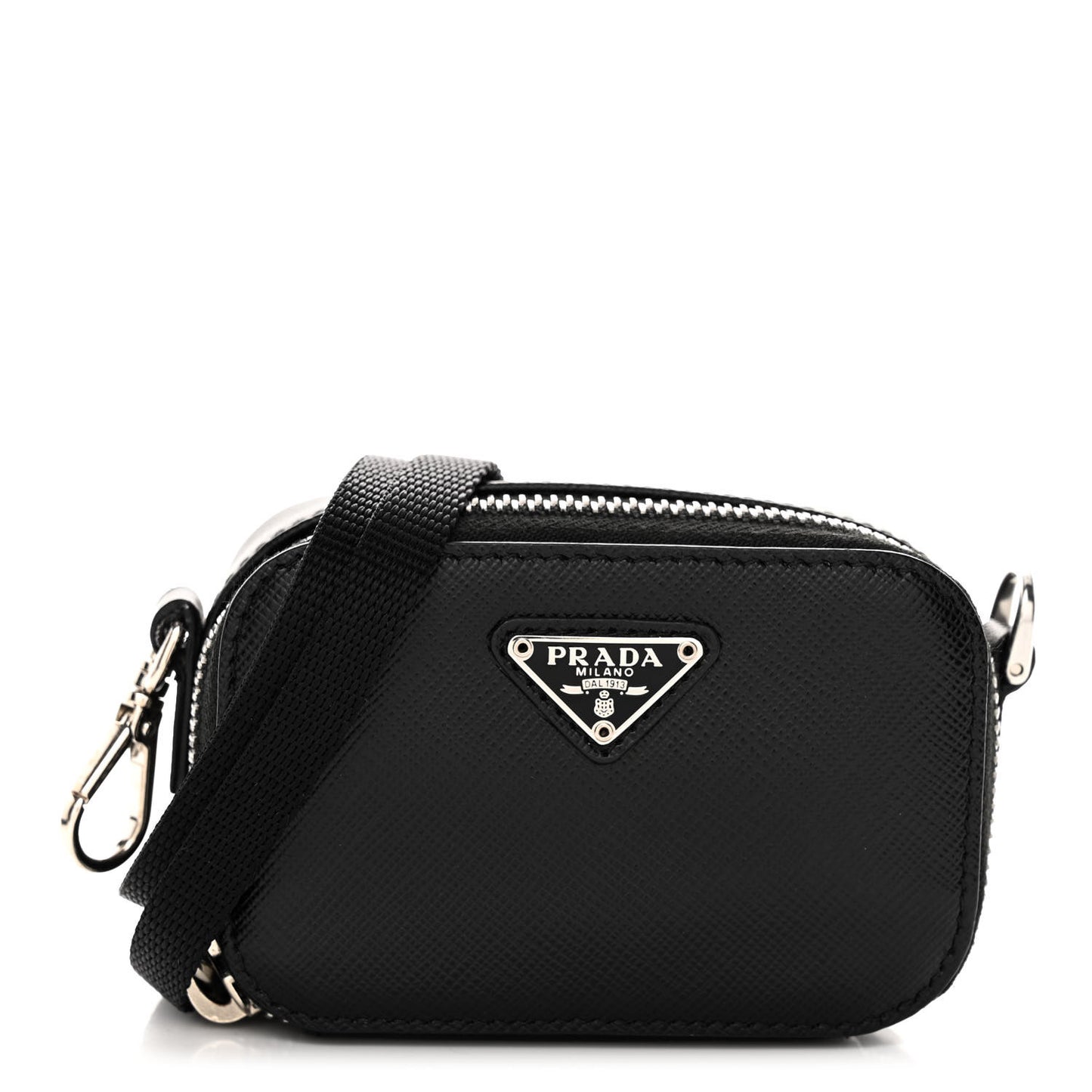 Saffiano Travel Metal Triangle Logo Mini Pouch Shoulder Bag Black