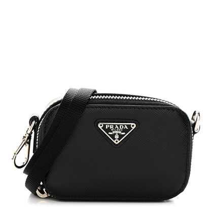 Prada Saffiano Travel Metal Triangle Logo Mini Pouch Shoulder Bag Black 1 of 9
