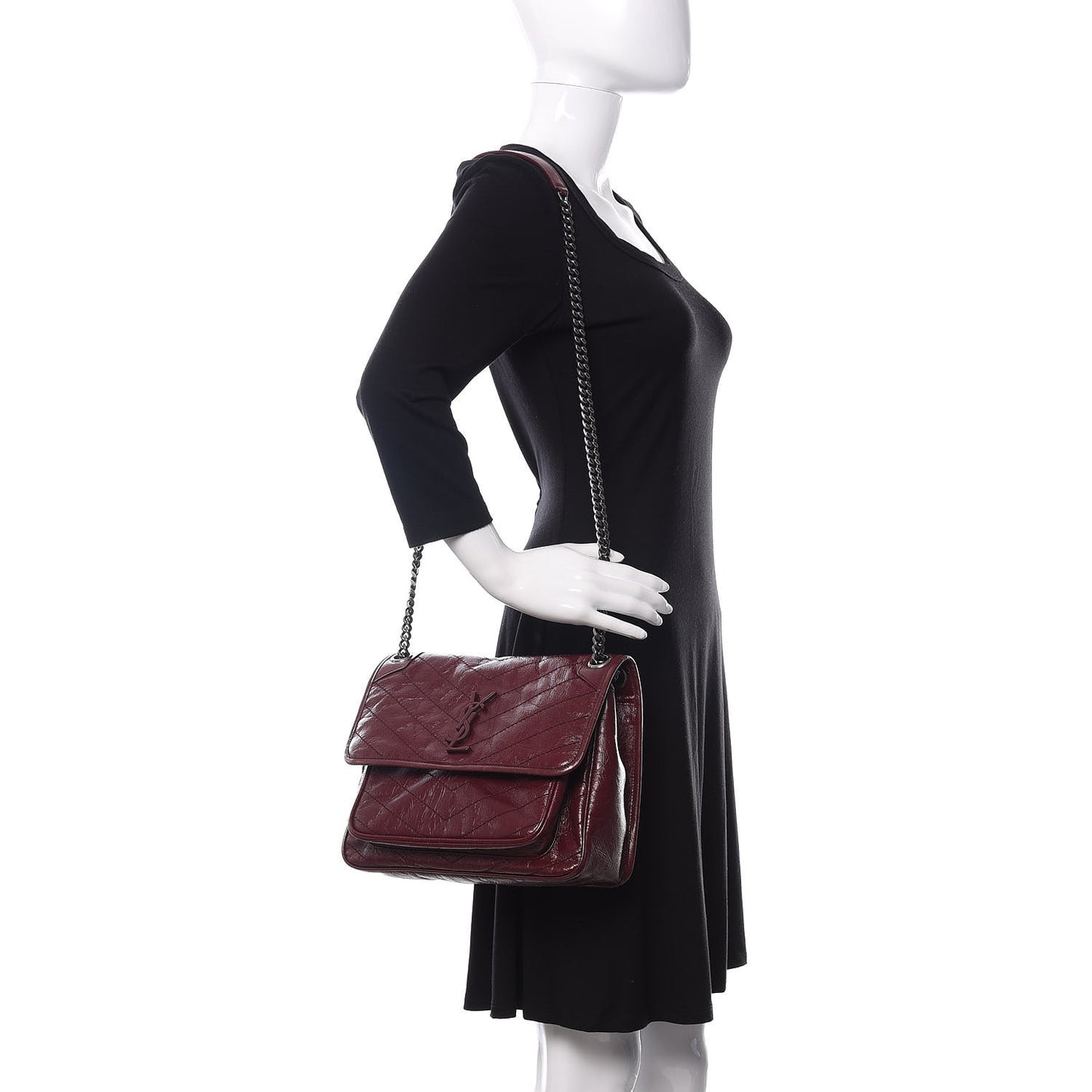 Crinkled Calfskin Matelasse Monogram Medium Niki Chain Satchel Burgundy