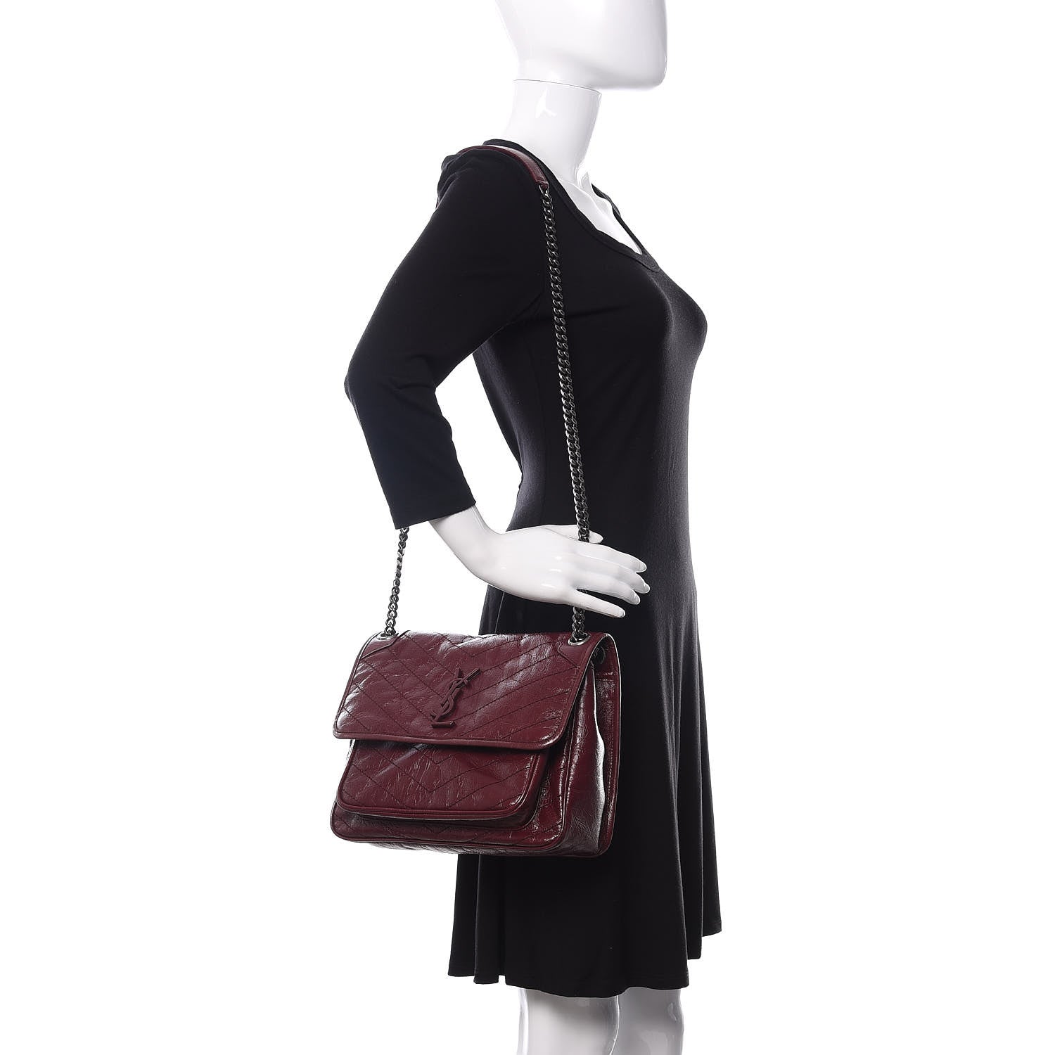 Saint Laurent Crinkled Calfskin Matelasse Monogram Medium Niki Chain Satchel Burgundy 2 of 10
