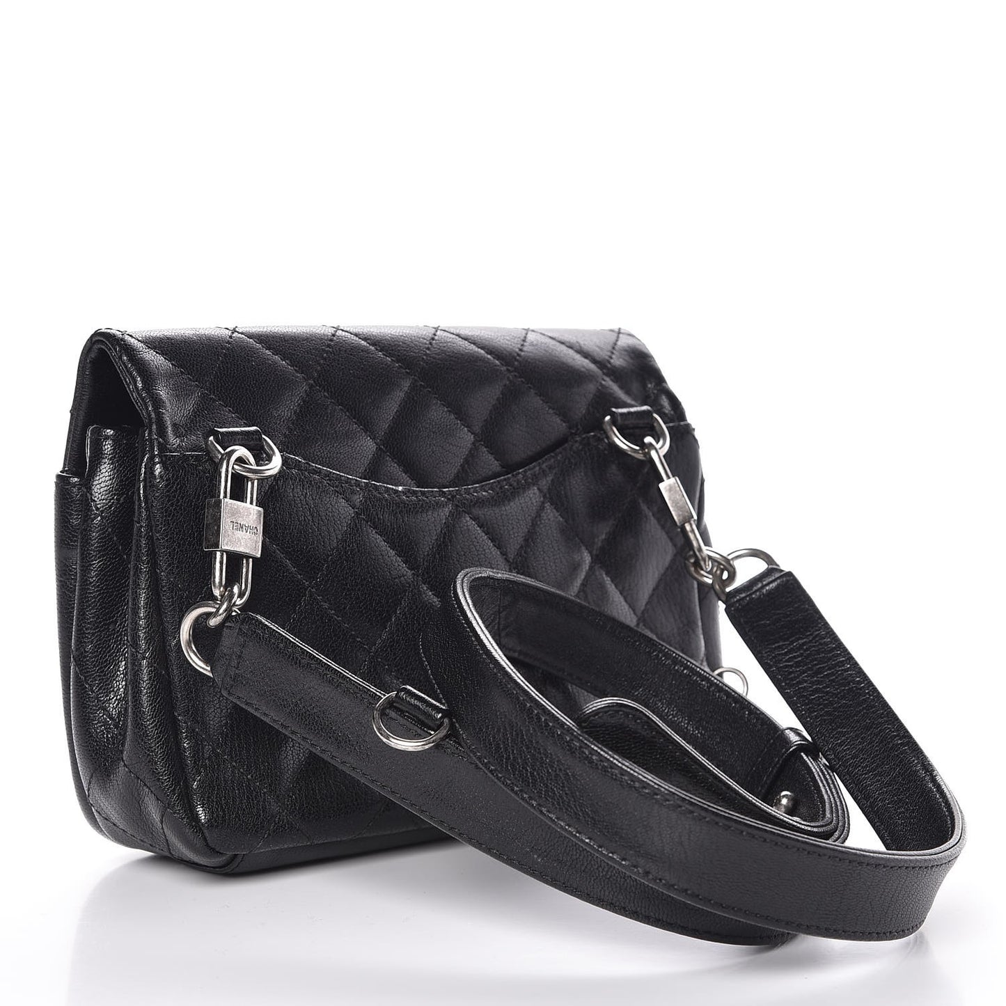 Shiny Goatskin Quilted Small Double Carry Waist Chain Flap Black