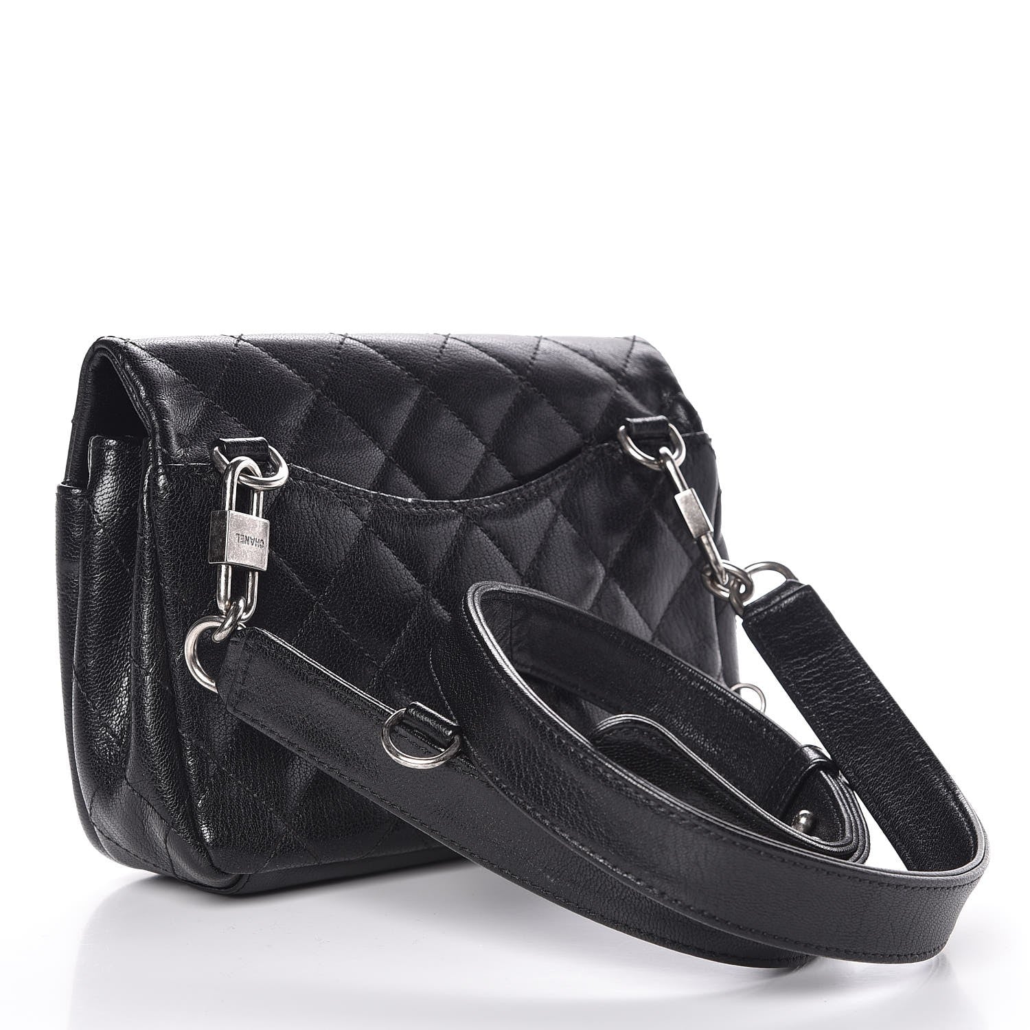 Chanel Shiny Goatskin Quilted Small Double Carry Waist Chain Flap Black 4 of 9