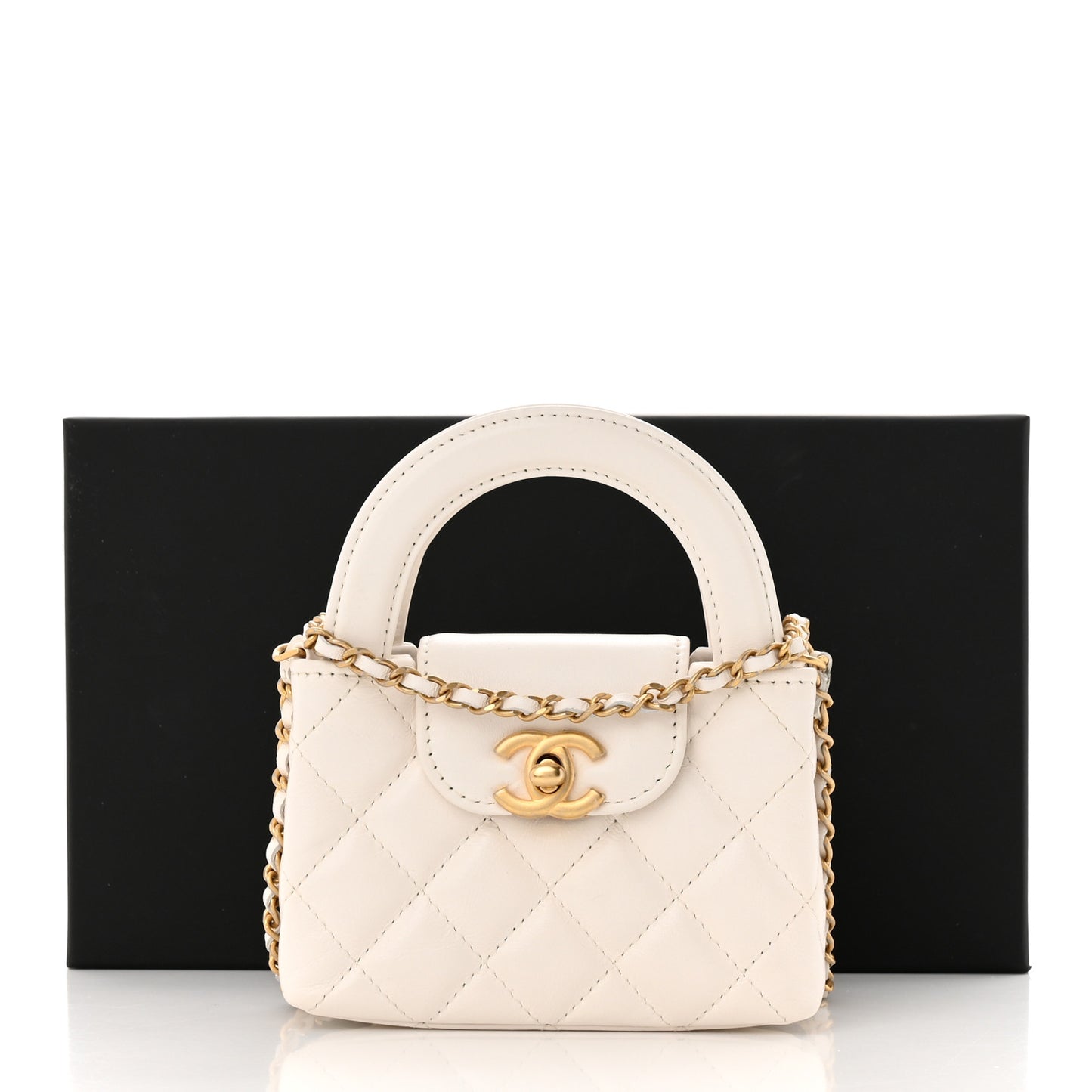 Shiny Aged Calfskin Quilted Mini Nano Kelly Shopper White
