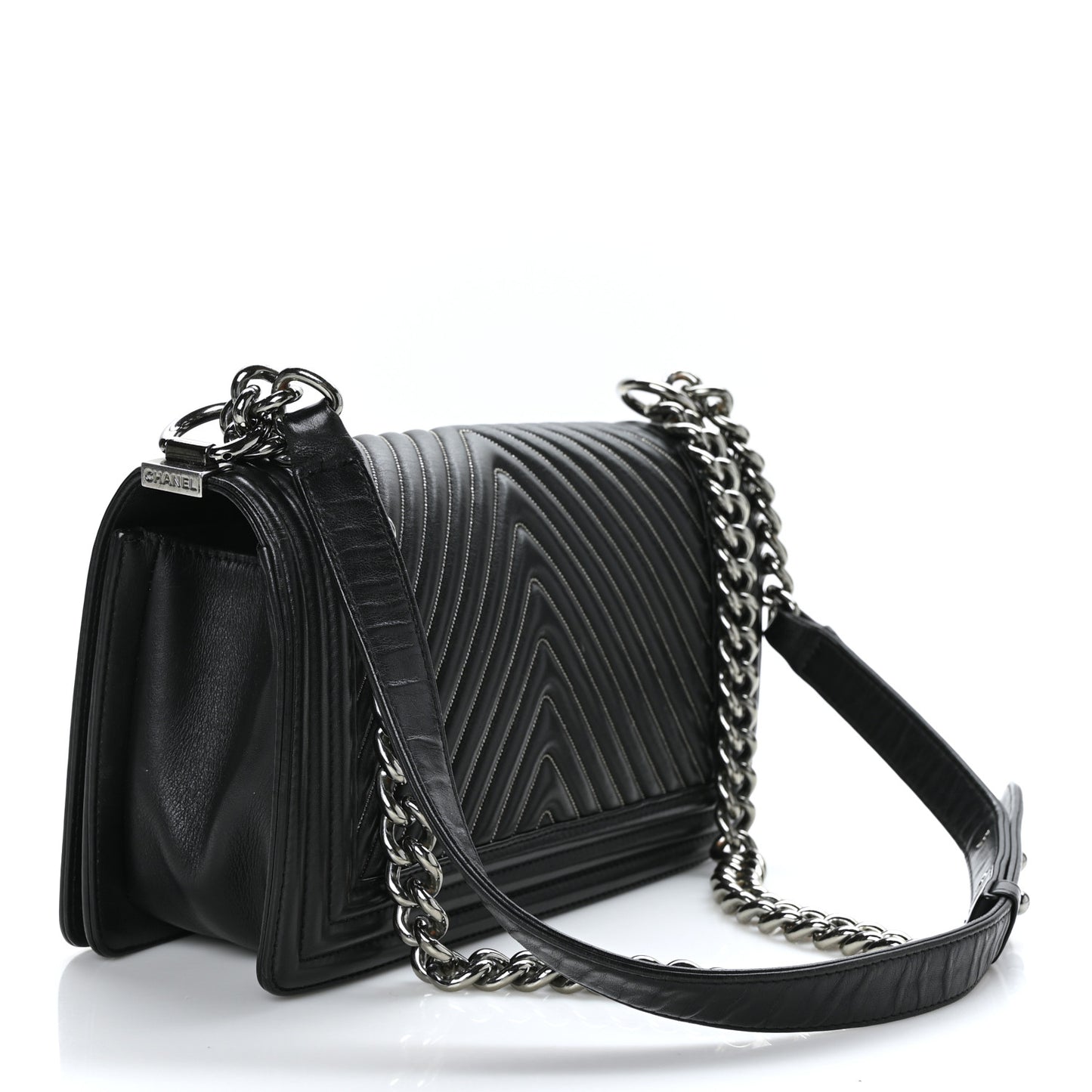 Calfskin Chevron Quilted Medium Chain Boy Flap Black
