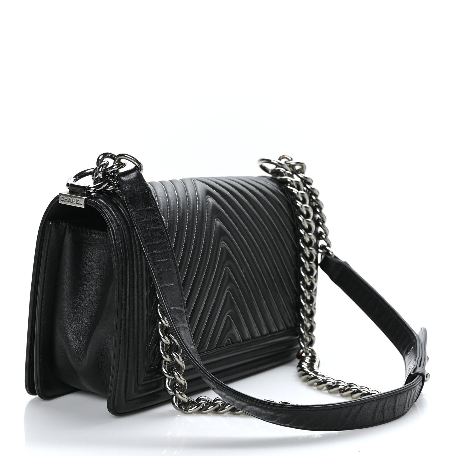 Chanel Calfskin Chevron Quilted Medium Chain Boy Flap Black 3 of 10