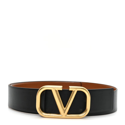 Valentino Garavani Glossy Calfskin VLogo Reversible 40mm Belt 85 34 Saddle Brown Black 1 of 4