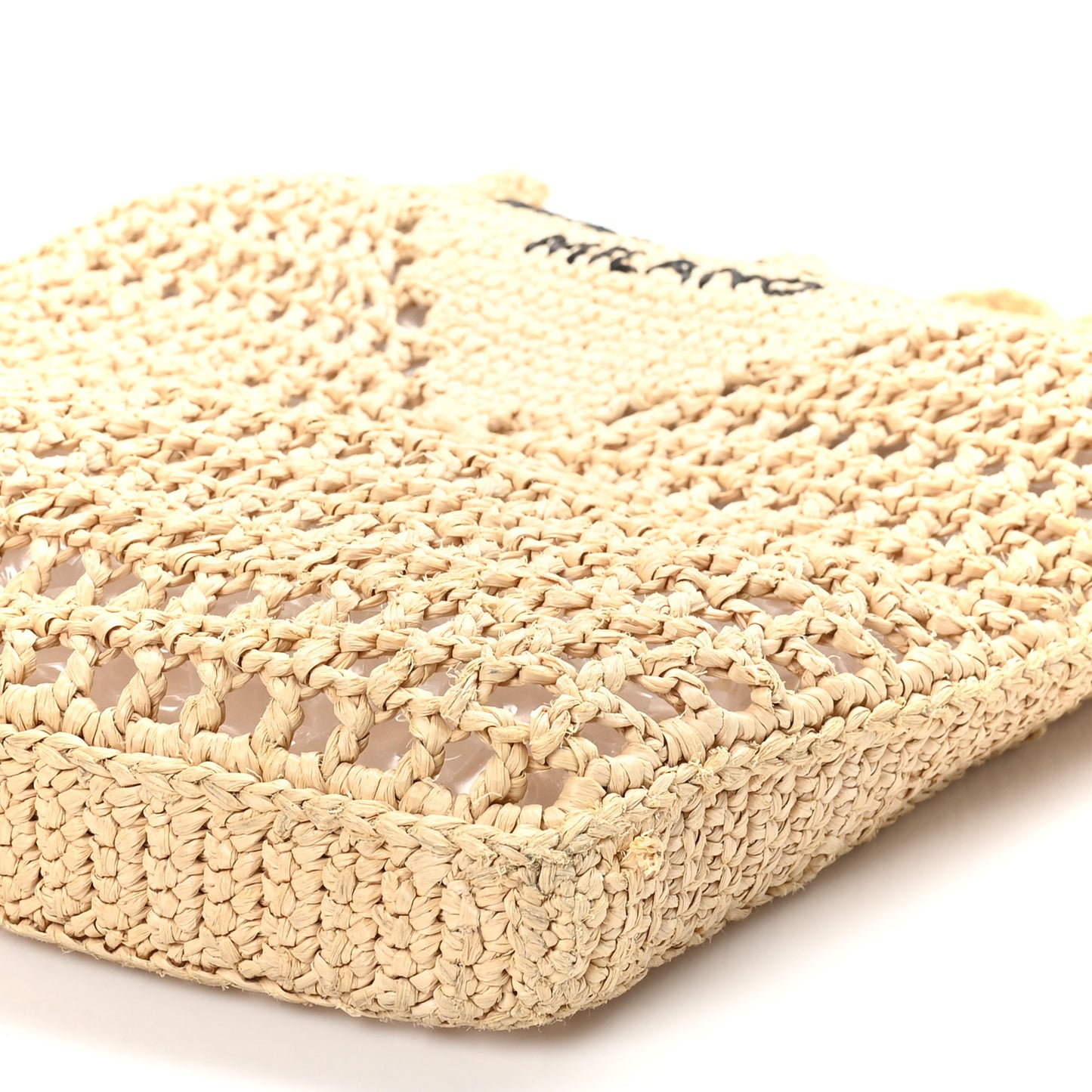Yarn Raffia Effect Crochet Logo Embroidered Tote Bag Naturale