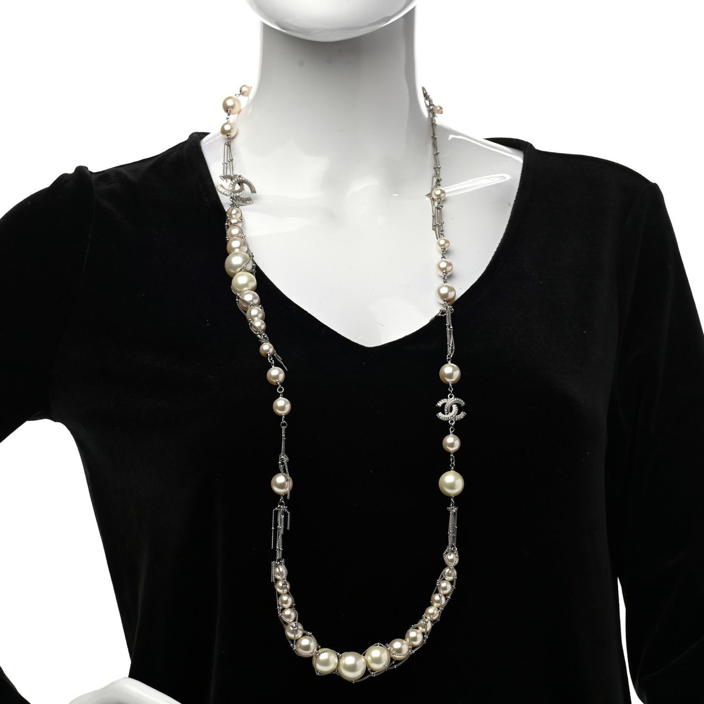 Crystal Pearl Multi Strand Chain CC Long Necklace Silver