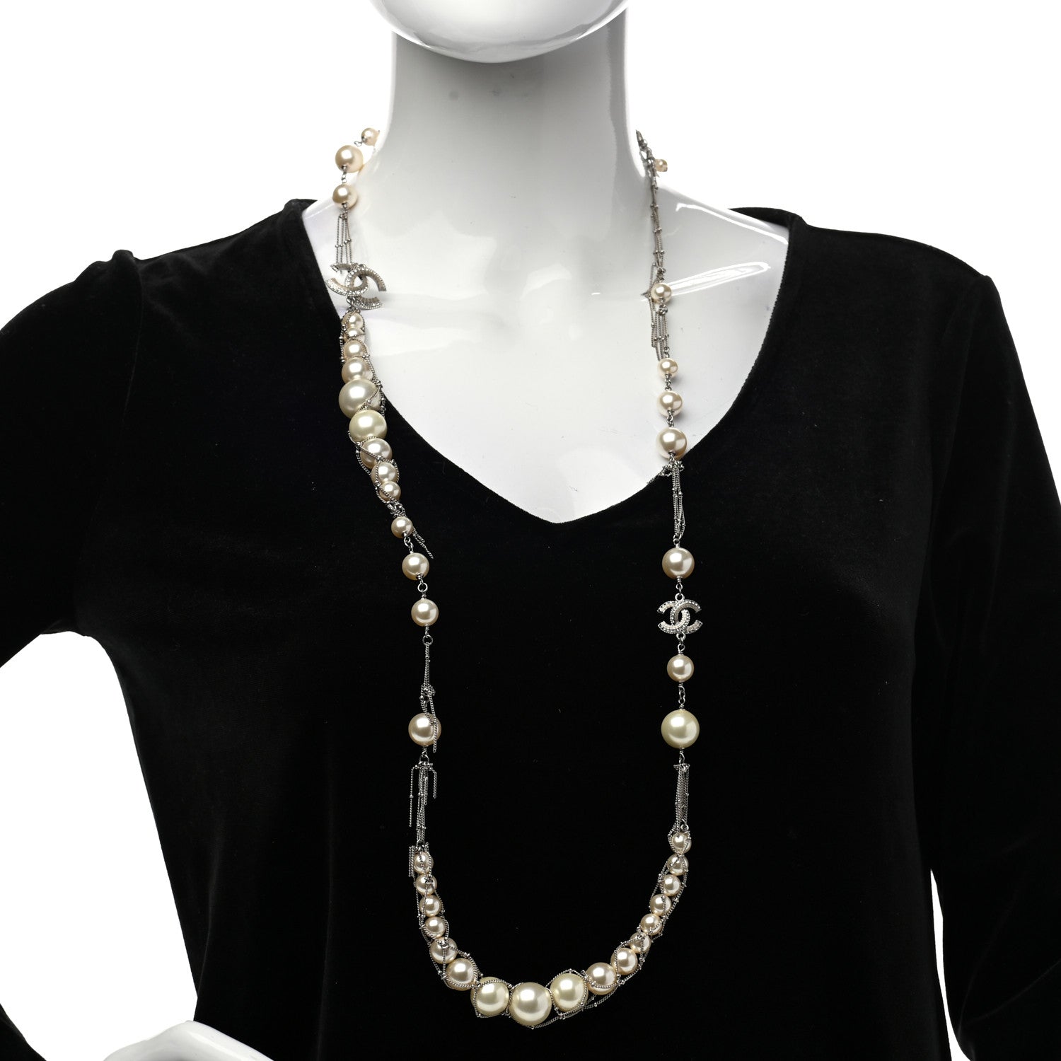 Chanel Crystal Pearl Multi Strand Chain CC Long Necklace Silver 2 of 6