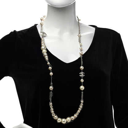 Chanel Crystal Pearl Multi Strand Chain CC Long Necklace Silver 2 of 6