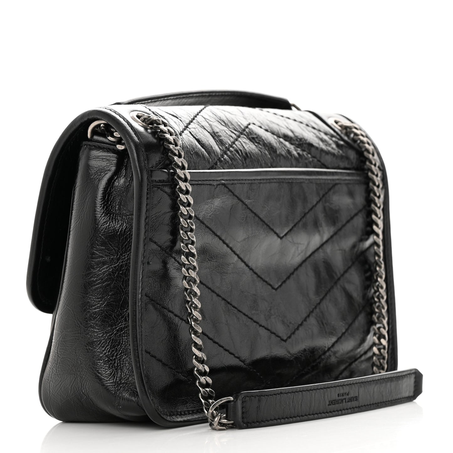Crinkled Calfskin Matelasse Monogram Baby Niki Chain Satchel Black