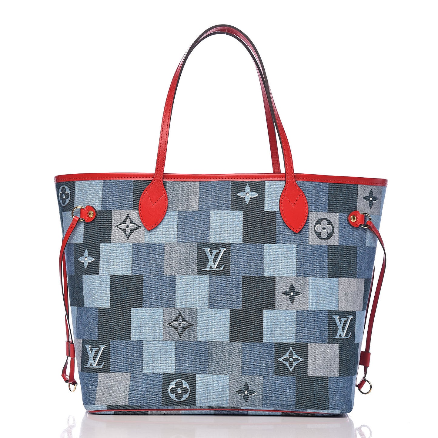Denim Damier Monogram Patchwork Neverfull Blue Rouge